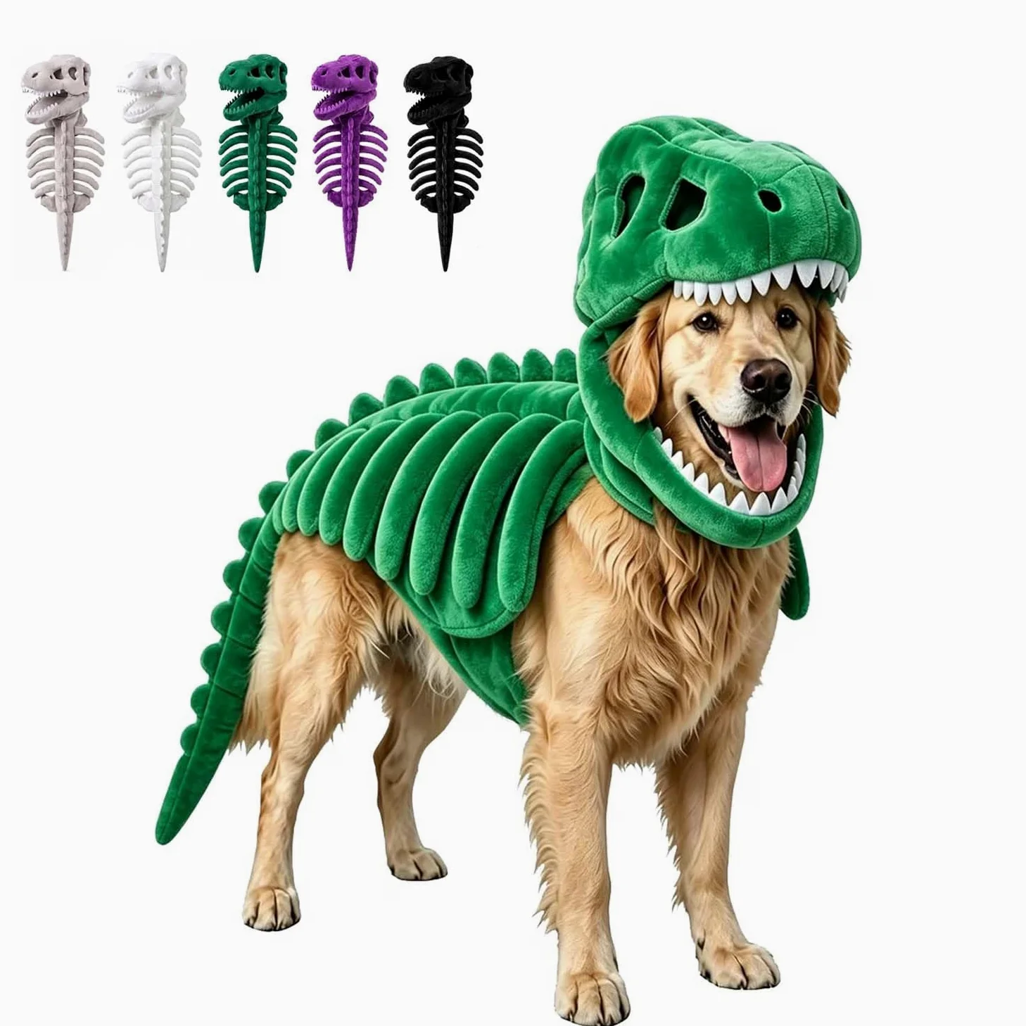 Dog Cat Pet Dinosaur Skeleton Costume,Funny Halloween Costumes，Green：XXL | Prehistoric Bone Pet Clothes with Dino Head Cover and Back,Pet Cosplay Outfits For Party Supplies,Medium Large Dogs Cats