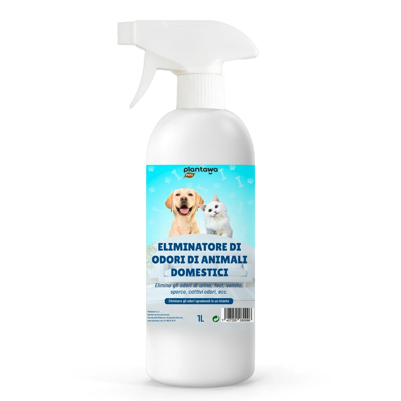 PLANTAWA Eliminatore di Odori di Animali Domestici Spray 1L | Eliminare Odore pipì Cane | Detergente Enzimatico urina Gatto, feci e Vomito | Repellente Naturale | Sicuro per Varie superfici e Tessuti