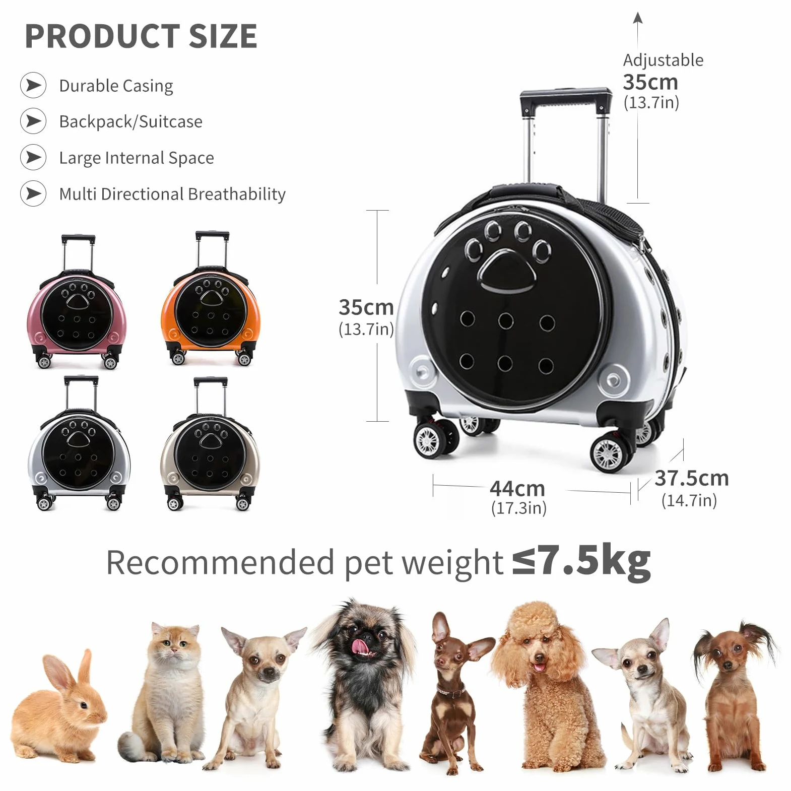 PETCUTE Zaino Trolley per Cani Gatti,Buona Ventilazione,Zaino per Gatti con Tappetino Rimovibile,Comoda Maniglia,Pieghevole Trasportino Gatto con Ruote per Cani Piccoli Gatti Medi Fino 7.5 KG