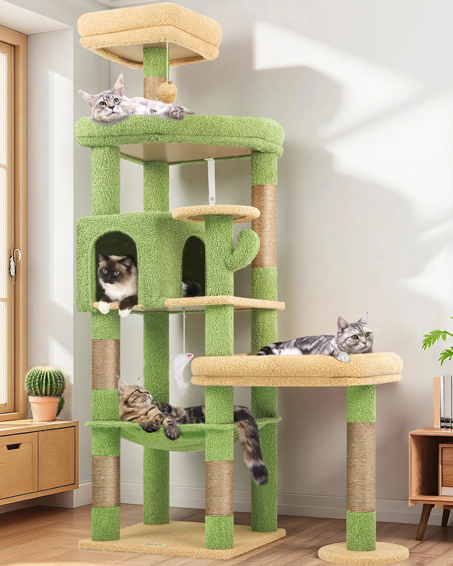 Globlazer Tiragraffi Cactus Verde per Gatti Grandi Alto 165cm con 2 Grandi Imbottiti Piattaforma 48*42CM, Extralarge Amaca, Grotte, Trespoli, Albero Torre Stabile con Supporto per Gatto (S65, Verde)