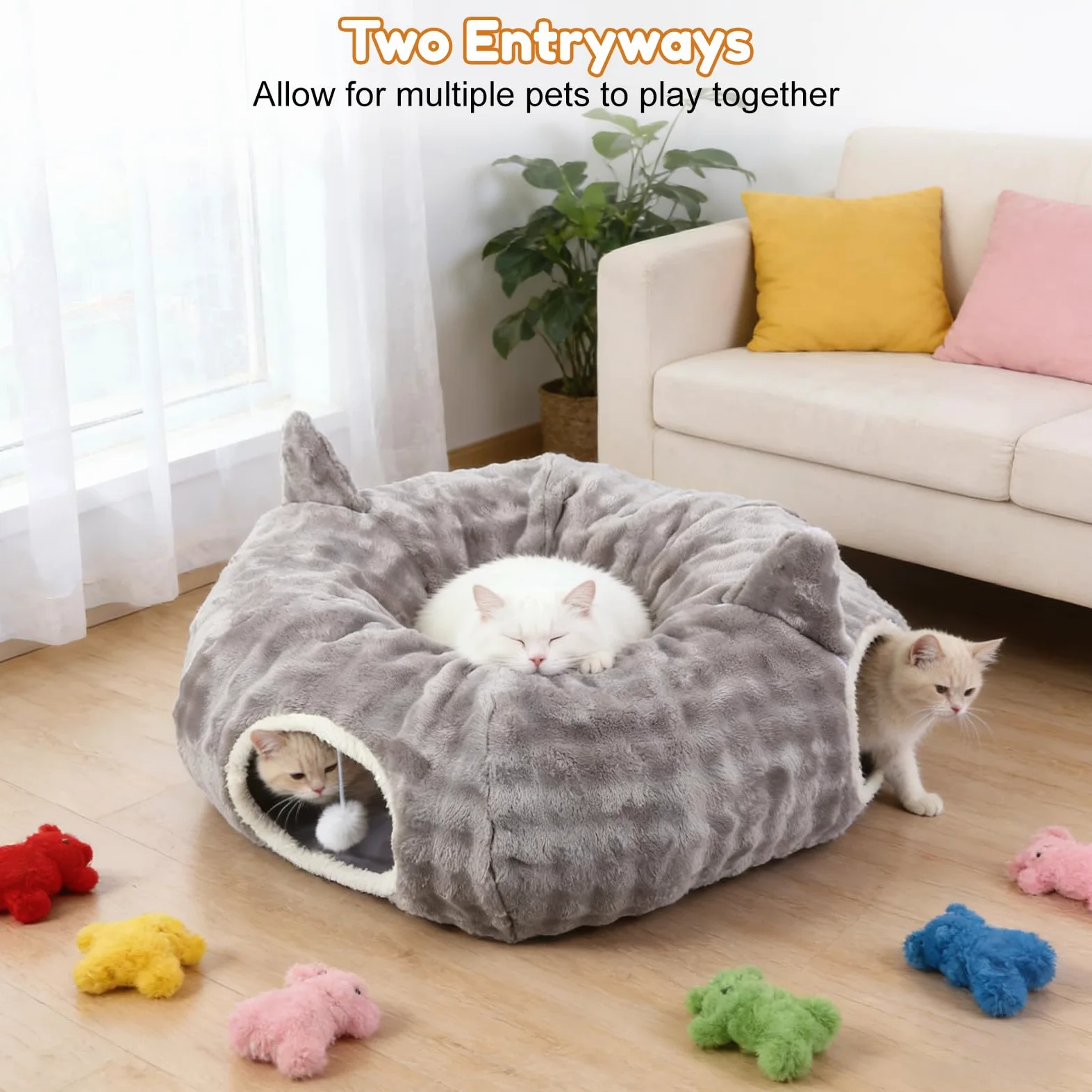 Tunnel per Gatti, Tunnel Gatto e Cuccia 2 in 1 con Giocattoli Pendenti, Tunnel Gatto con 2 Ingressi, Cuscino Circolare Lavabile, Tubo per Gatti Gioco Pieghevole per Gattini/Cuccioli/Conigli