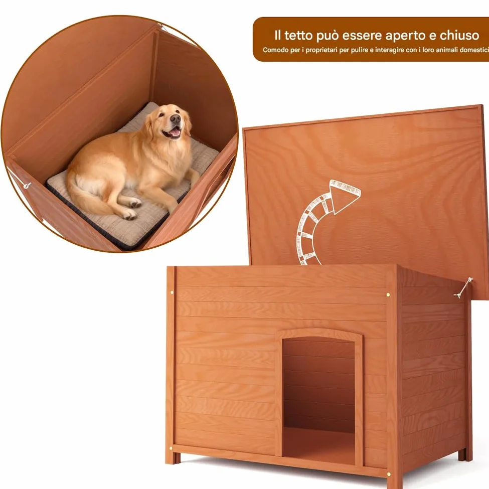BAKAJI Cuccia per Animali Domestici in Legno, Casetta per Cani e Gatti con Tetto Apribile, Casa da Esterno ed Interno Resistente Intemperie e Agenti Atmosferici con Tettoia Asfaltata, 116 x 79 x 81 cm