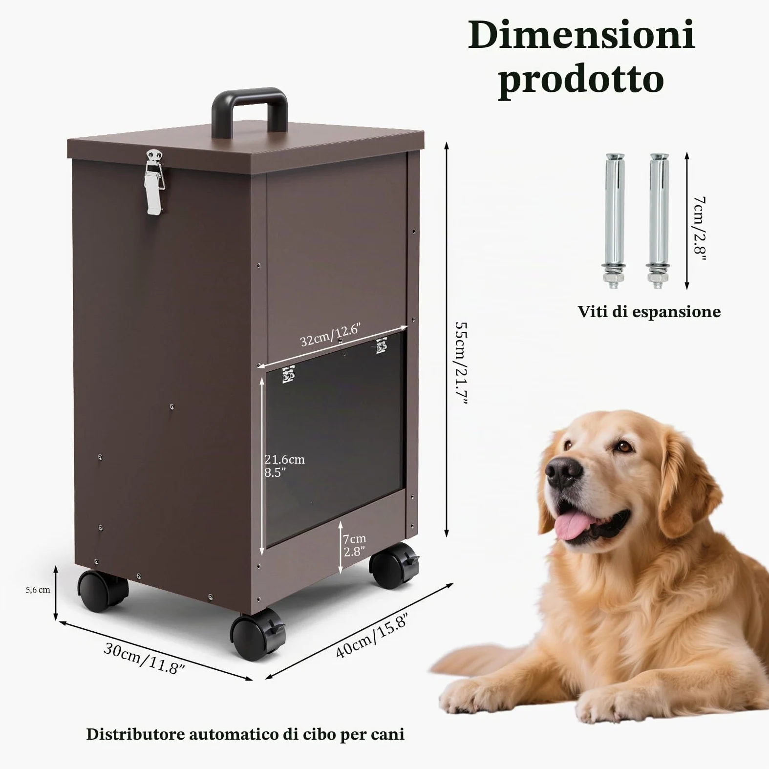 Alimentatore Automatico Per Cani Galvanizzato Per Razze Di Grandi Dimensioni, Distributore Di Cibo Per Cani Da 40L Con Ruote Per Grandi, Alimentatore A Gravità Per Cibo Per Metallico Brun