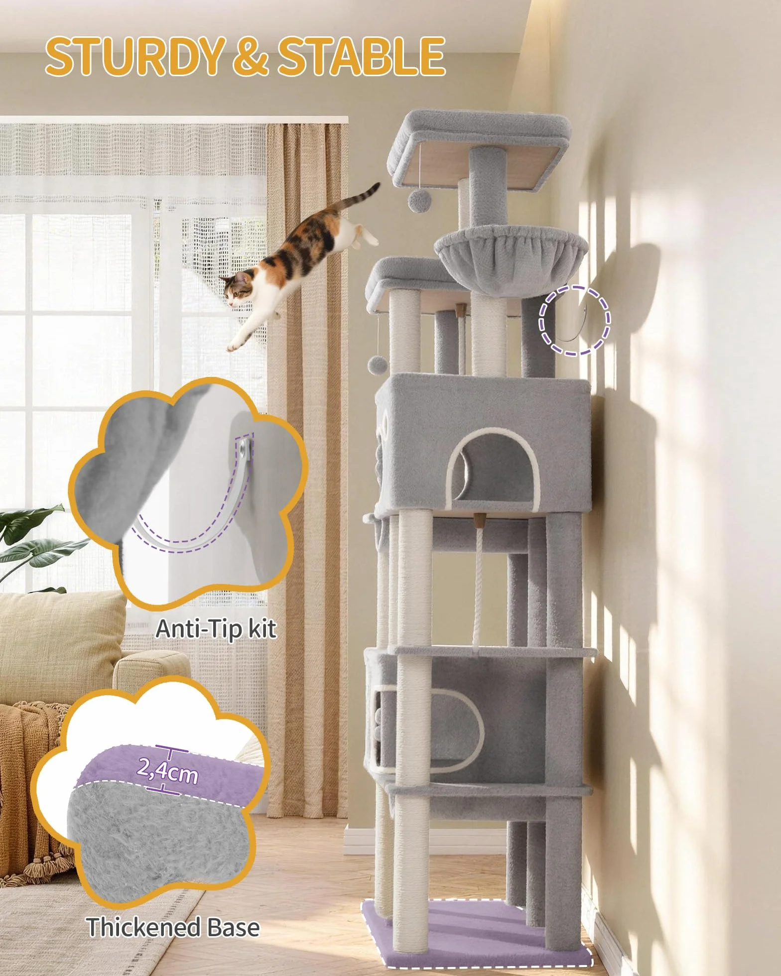 Hzuaneri Albero Tiragraffi Grande per Gatti, Torre per Gatti da Interno 213 cm con 2 Piattaforme XL, 2 Grotte, 10 Pali in Sisal, 2 Amache e Massaggiatore, per Maine Coon, Grigio Chiaro, MS21418LG