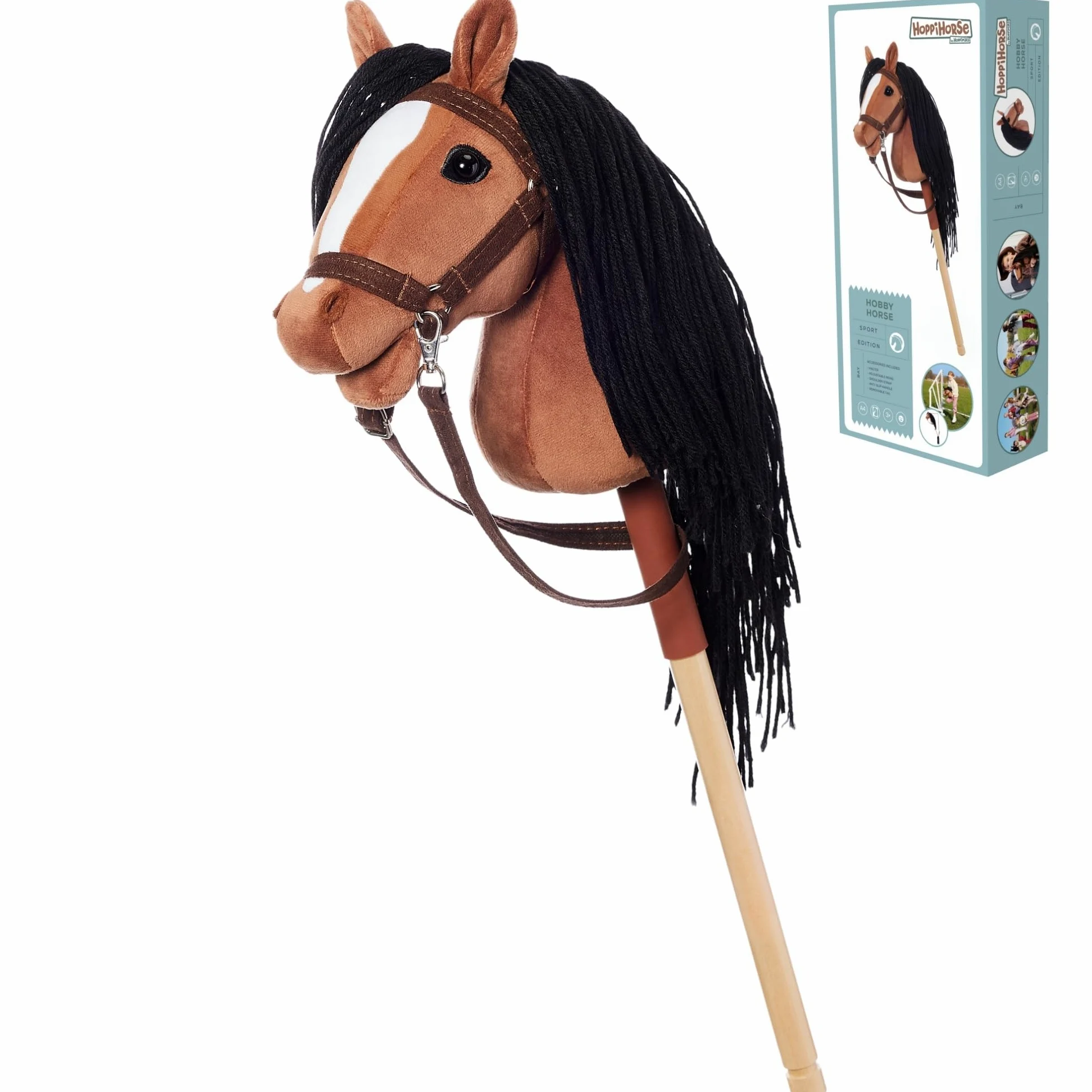 HOPPIHORSE-Edizione Sportiva Hobby Horse A4, Cavallo con bastone con cavezza, redini, tracolla, coda e impugnatura in silicone, Hobby horse cavallo di alta qualità in peluche in una confezione regalo