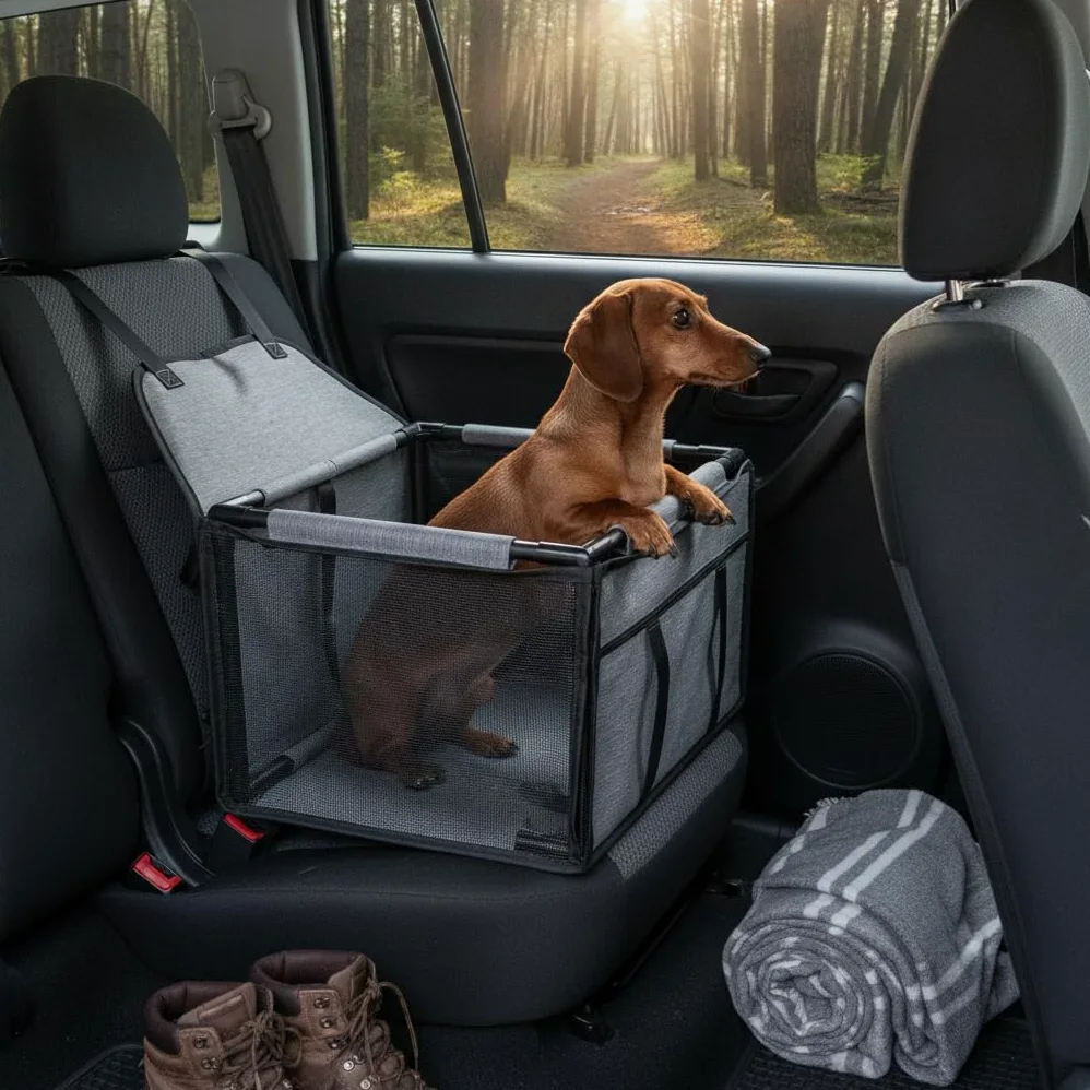 Seggiolino Auto per Animali Pieghevole, Grigio chiaro | Struttura pieghevole, Postazione Auto Gatti, Spostamenti quotidiani, con Animali