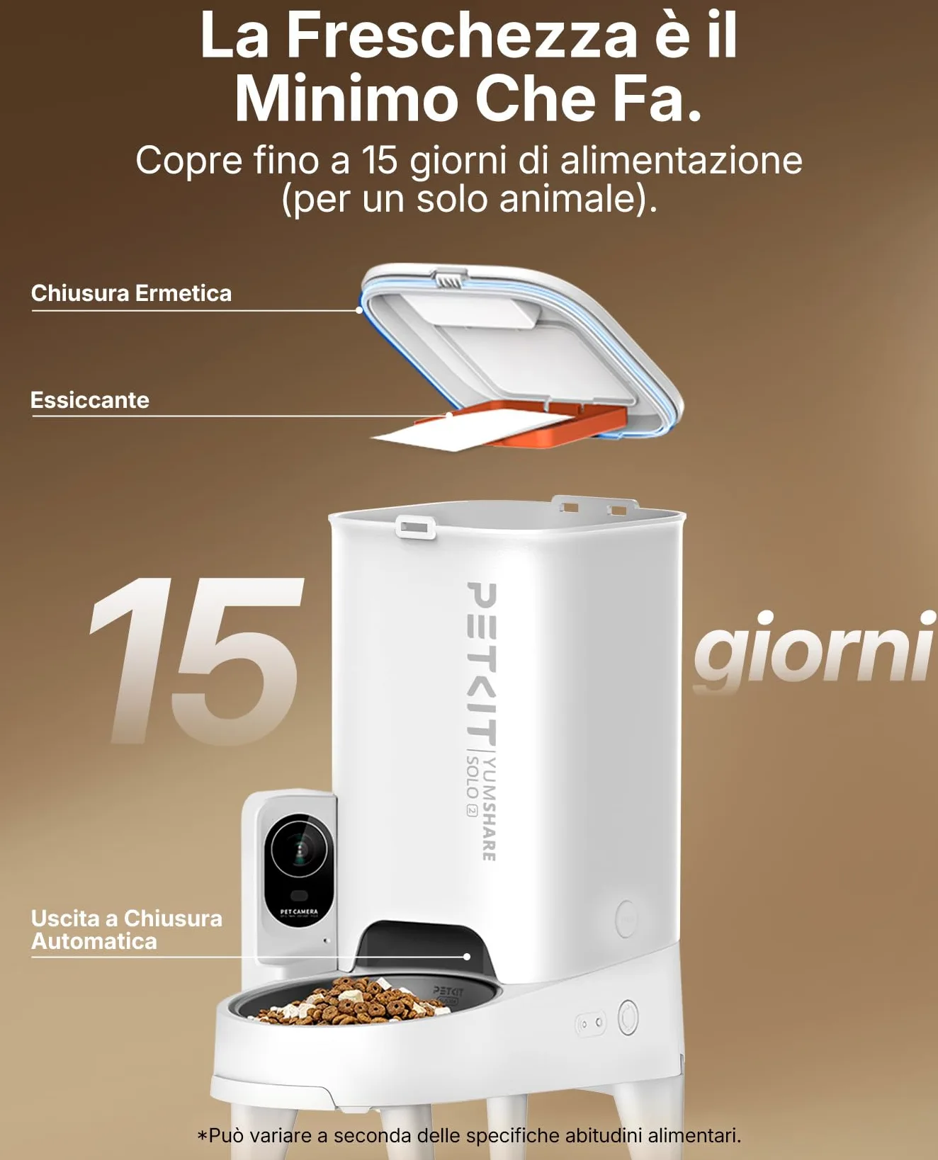 PETKIT YumShare Solo 2 Distributore Automatico di Cibo per Gatti con Telecamera HD 1080p, Riconoscimento Multiplo Gatti, Funzioni AI, Wi-Fi 2.4/5 GHz, Capacità 3L, Ciotola in Acciaio Inossidabile