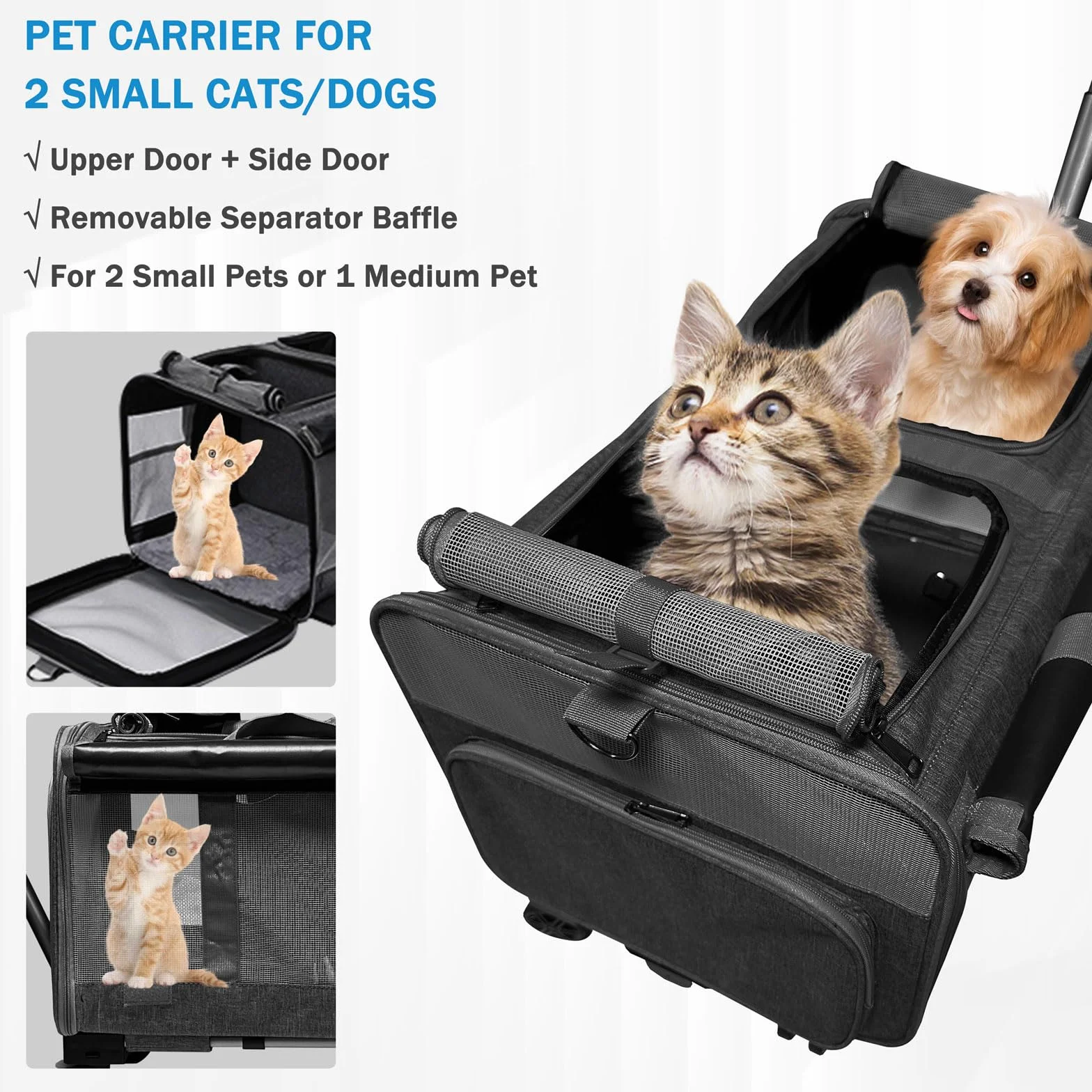 Trasportino per 2 Gatti/Cani, con 2 Cabine + 4 Ruote + Manico Telescopico, Trasportino Pieghevole per Gatto Grande fino a 20 kg, Ideale per Visite Veterinarie, Viaggi in Auto (Nero)