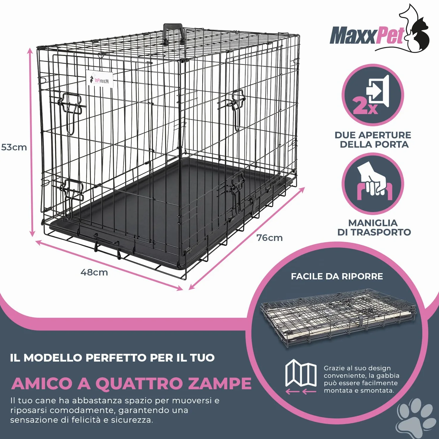 MaxxPet Gabbia Per Cane - Gabbia Cani - Con 2 Porte d’Ingresso - Pieghevole e Trasportabile - Kennel Cane Grande - Incl. cuscino per cane e ciotola - 76x48x53 cm - Nero