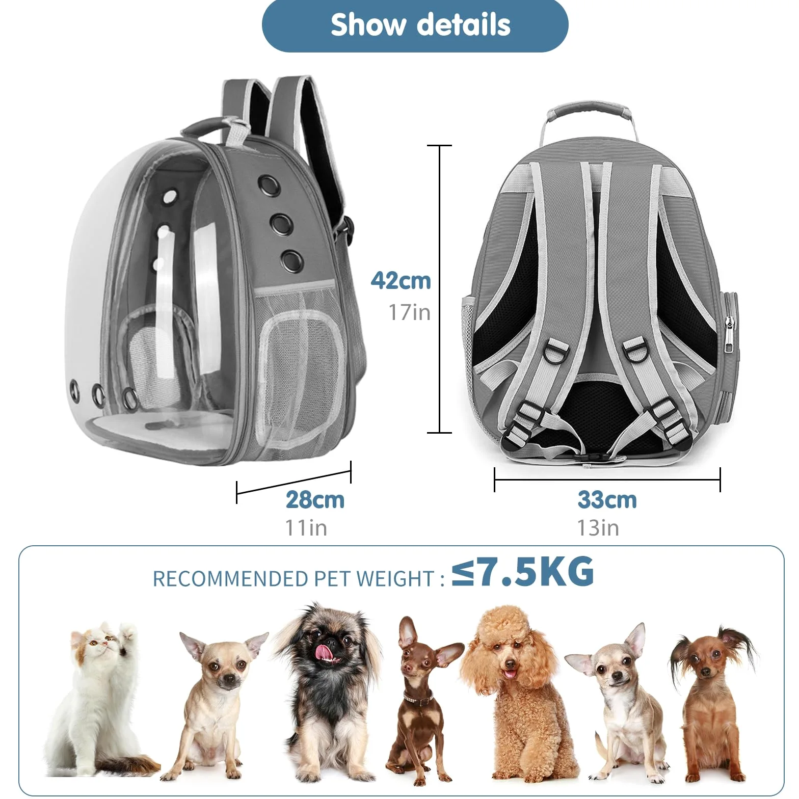 PETCUTE Portatili Trasportino per Animali Zaino Trasparente Zaino per Cani e Gatti con Cinghia di Sicurezza Interna,Capsula Spaziale da Viaggio, Ideale per Viaggi,attività all'aperto Grigio