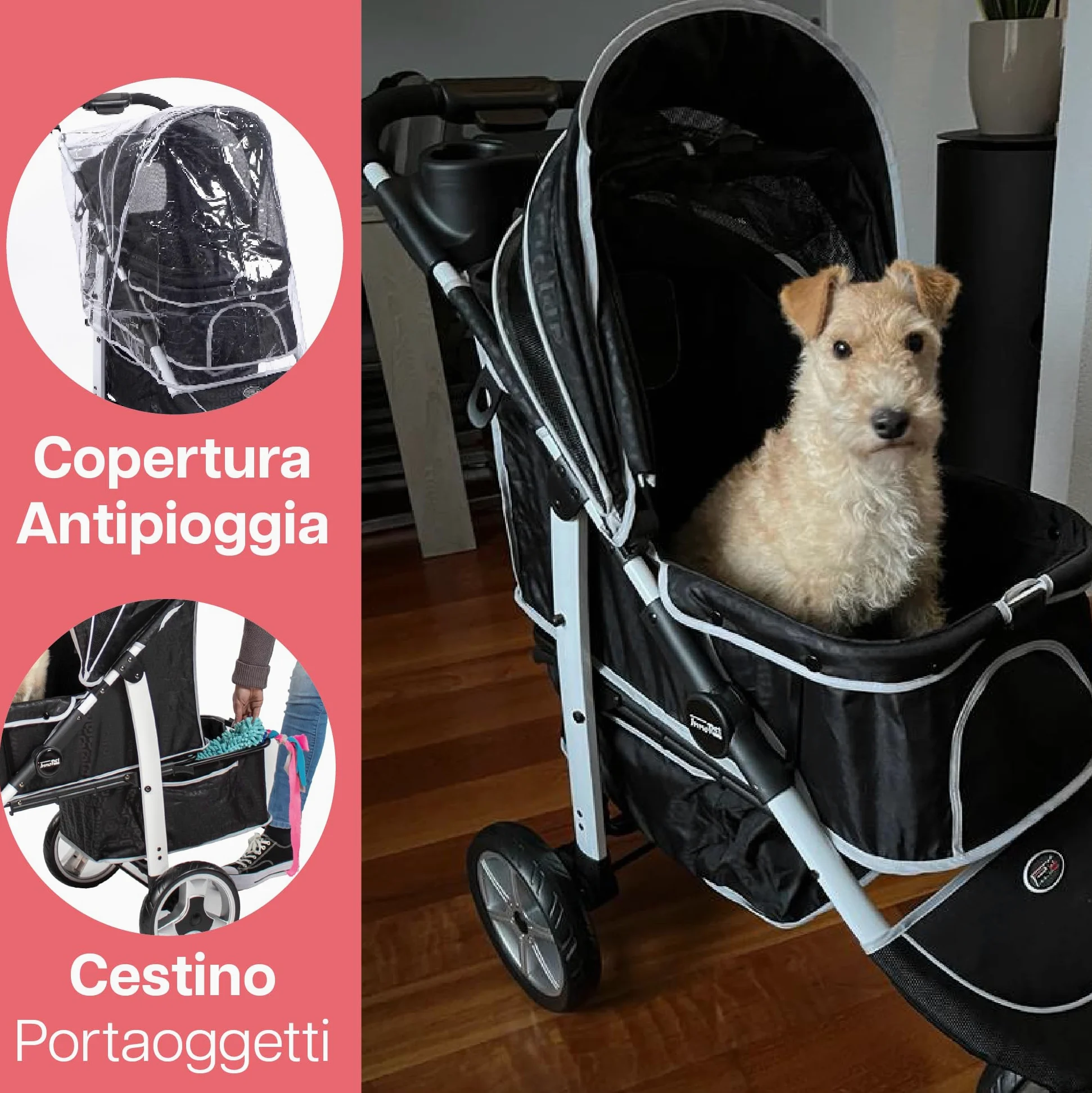 Innopet Monaco Passeggino per cani e gatti nero con copertura antipioggia, capacità 25 kg, pieghevole con una sola mano - Cestino portaoggetti convertibile - Cuscino double face