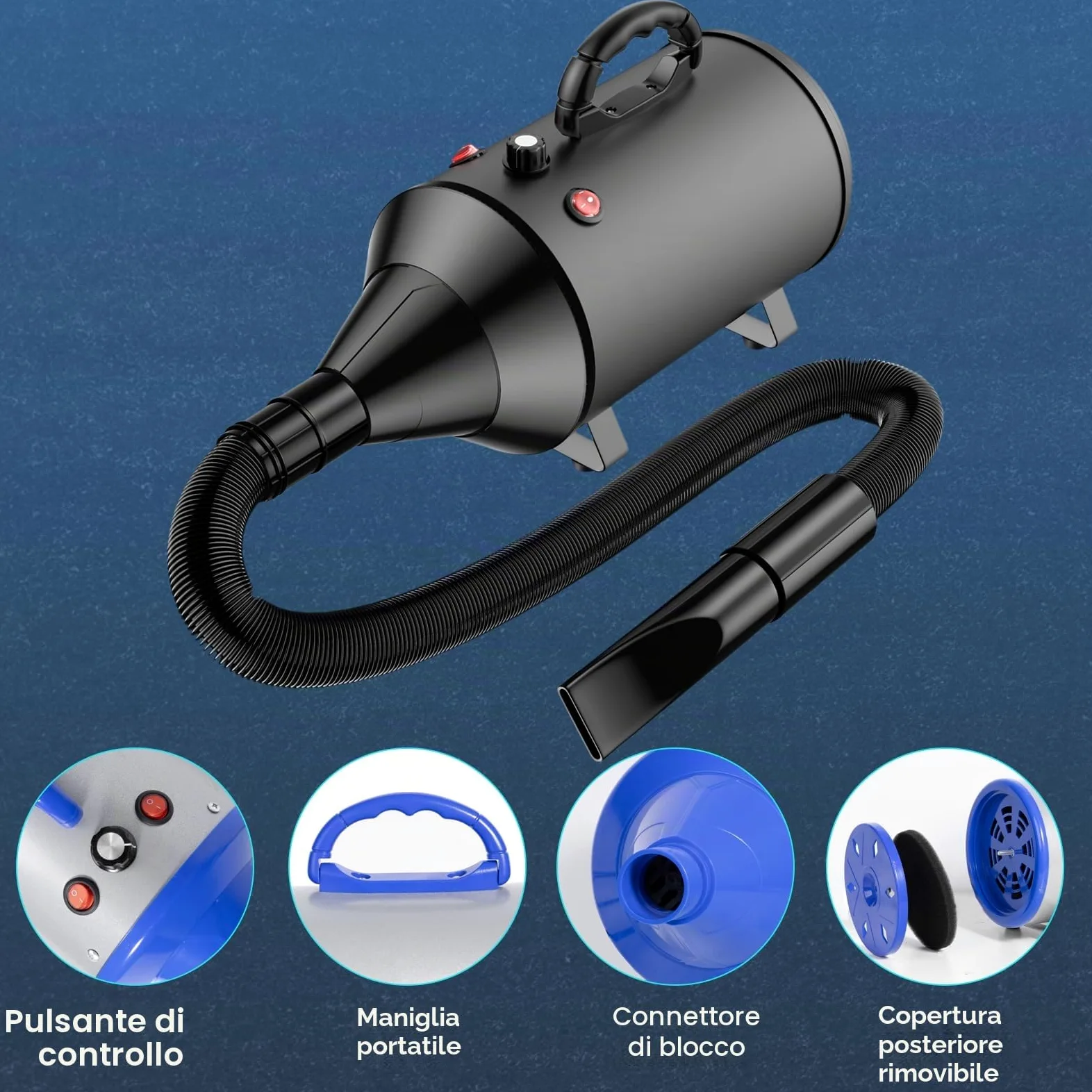 Soffiatore per Cani Blower Molto Silenzioso, 5,2 CV/3800 W, velocità Regolabile, Ventilatore per la Cura del Cane con 4 Diversi ugelli, Tubo Elastico e Spazzola per la Cura (Nero)