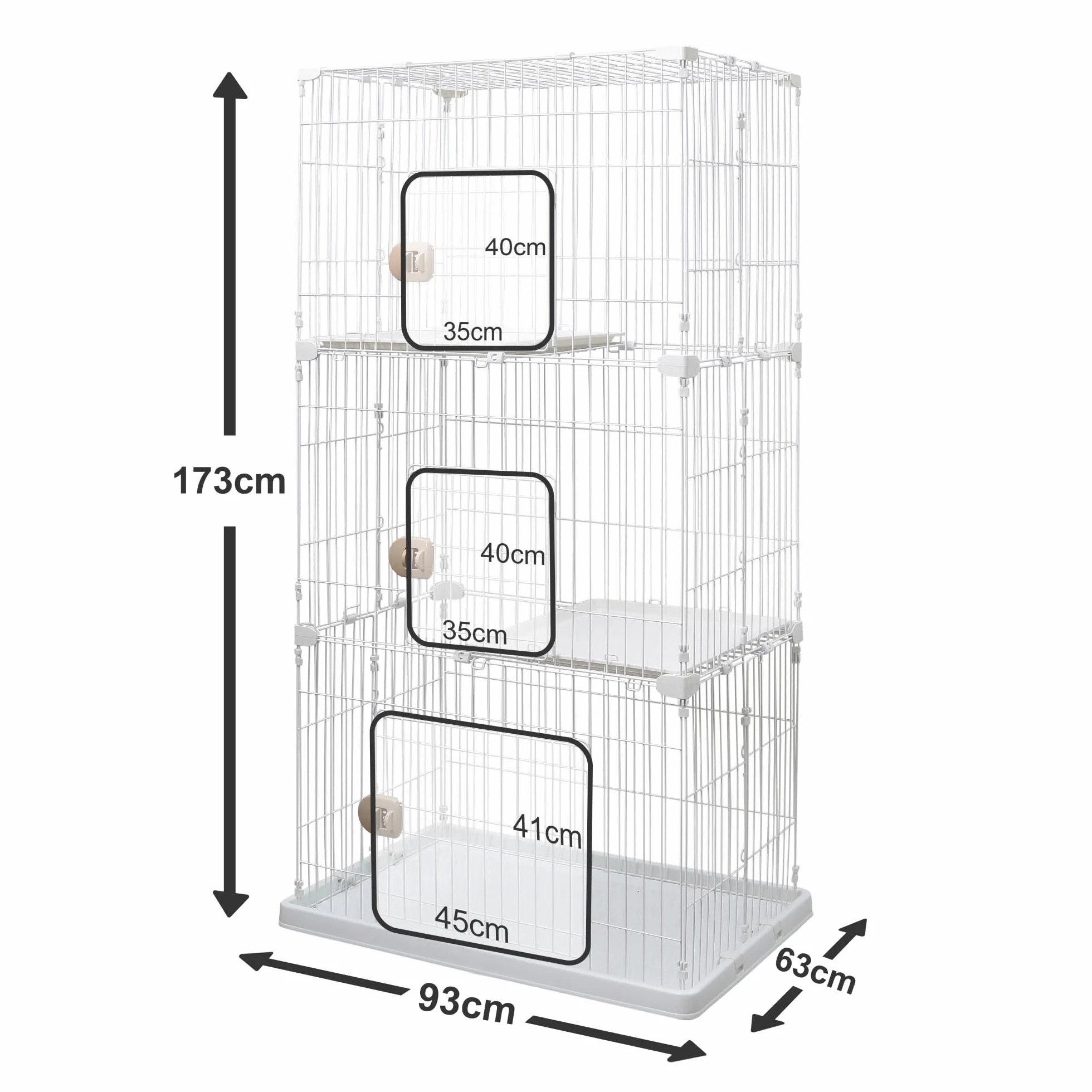 Iris Ohyama, Gabbia, Parco, Recinto, Cuccia con 3 porte e 3 livelli per cane, gatto, L93 x P63 x H178 cm, PEC-903, Bianco
