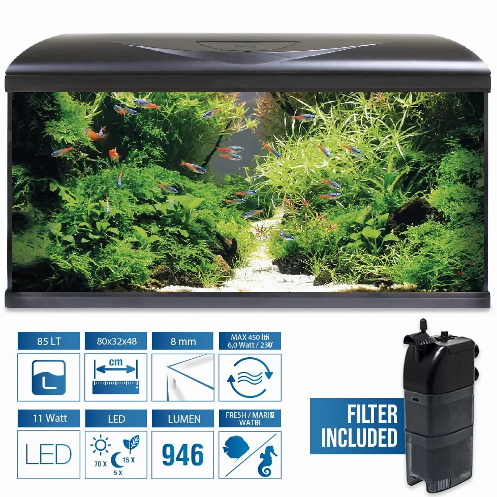 Amtra Acquario System Tank V2 - Acquario completo in vetro 85 Litri, Luce Led 11 Watt e Pompa Filtro inclusi, acqua dolce o salata, Nero, 80x32x48 CM