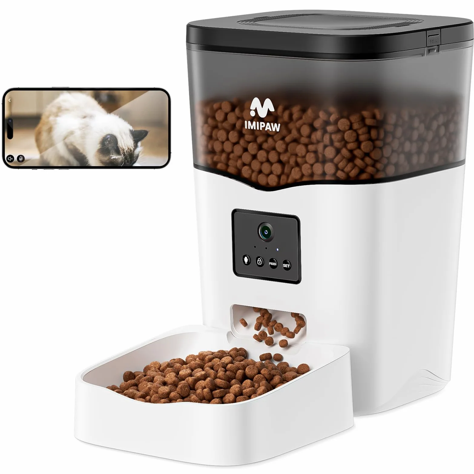 IMIPAW Distributore Automatico Cibo Gatti 5G WiFi con Telecamera, 1080P HD, Tecnologia Anti Intasamento, Dispenser Automatico Cibo per Animali con Controllo APP (Bianco, 3L)