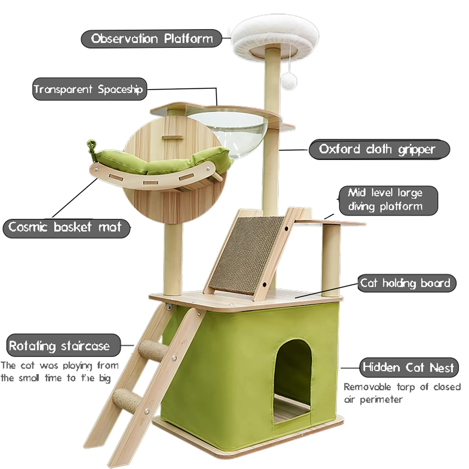 Albero per gatti - 150 cm Torre per gatti - Albero per gatti per interni - Con casa per gatti, capsula spaziale trasparente, piattaforma di salto in peluche, pallina giocattolo, cuscinetto in
