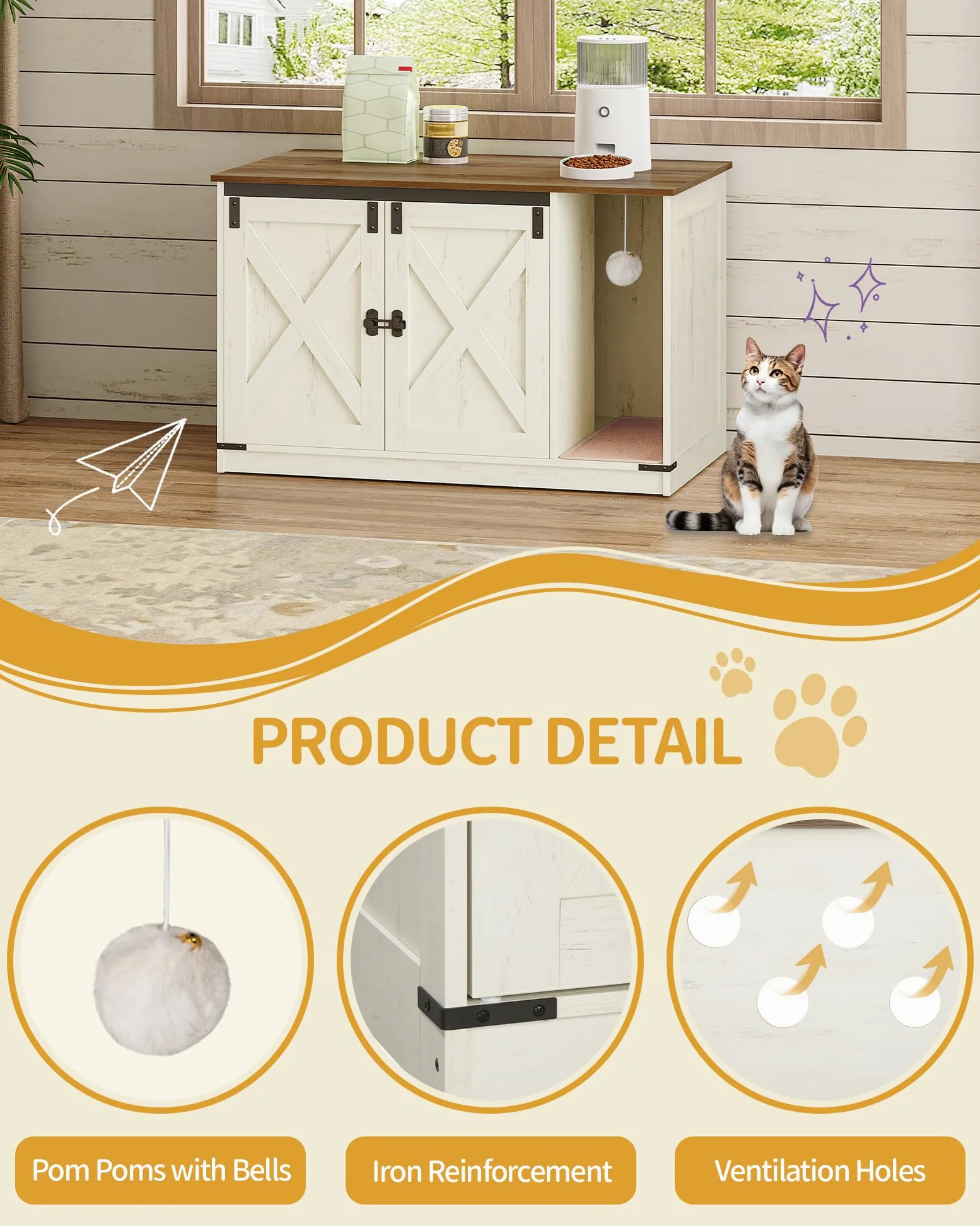 Hzuaneri Mobile Lettiera per Gatti, Mobile per Lettiera Gatto con Campana per Gatti, Casa per Gatto da Interno, 100 x 55 x 63 cm, per Corridoio, Camera da Letto, Marrone Rustico e Bianco CB85214X