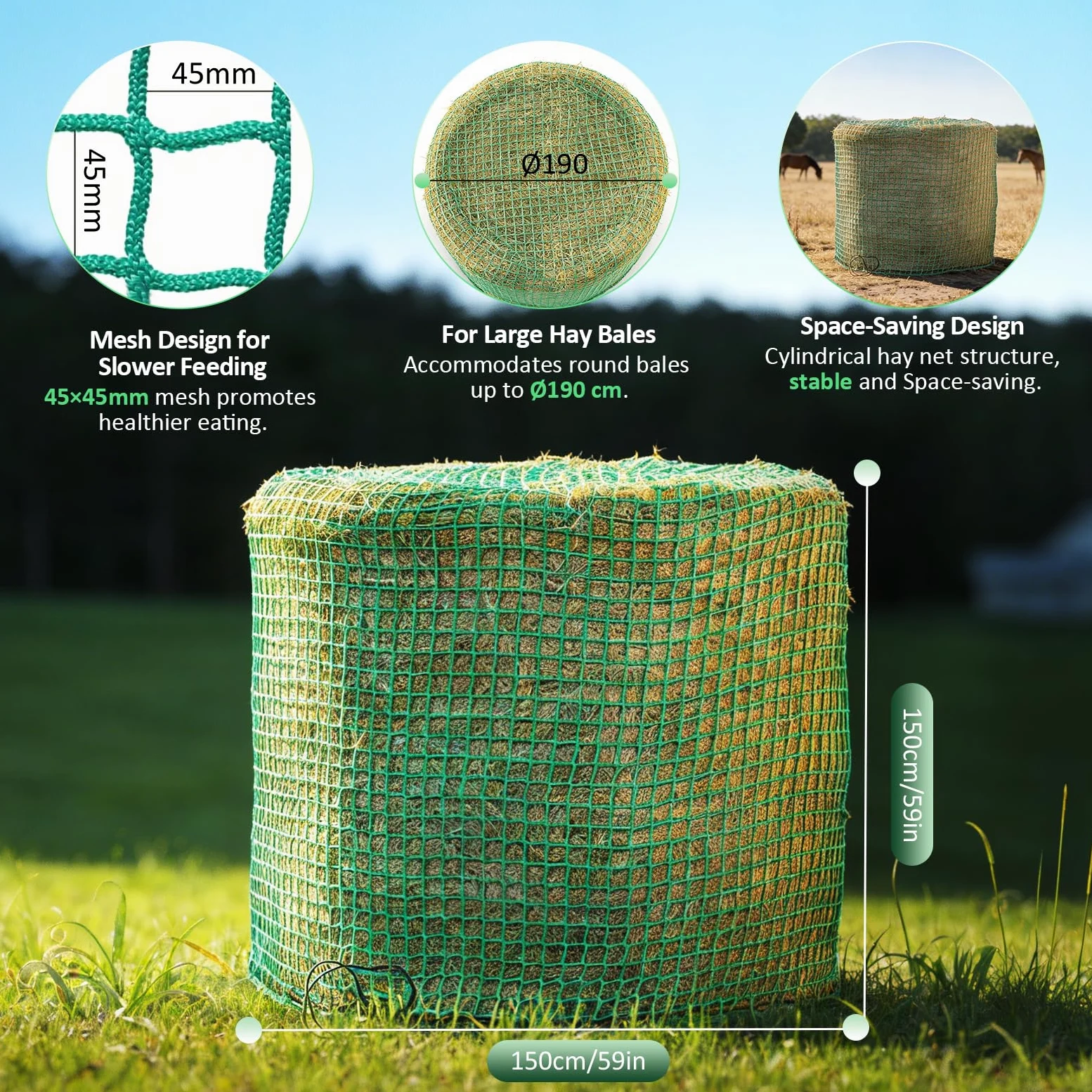 Rete per balle di Fieno Rotonde, Ø 150 cm Altezza 150 cm — Grande Rete per Fieno per Cavalli Dimensione Maglia 5x5 cm Robusta Rete per balle Rotonde Ete per balle di Fieno a Maglia fitta