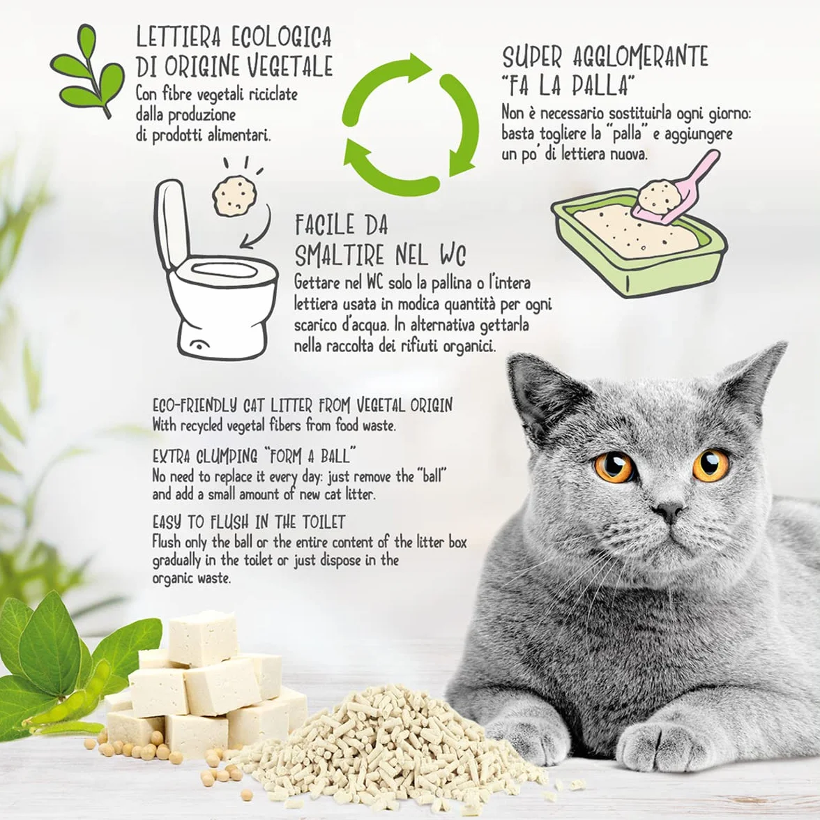 Cat&Rina BeNatural, lettiera per gatti al tofu da 5,5l Agglomerante e Vegetale. Fino a 30 giorni di utilizzo. Si smaltisce nell'organico o nel wc. Sabbia gatti anti odore Carboni Attivi, 6 pezzi