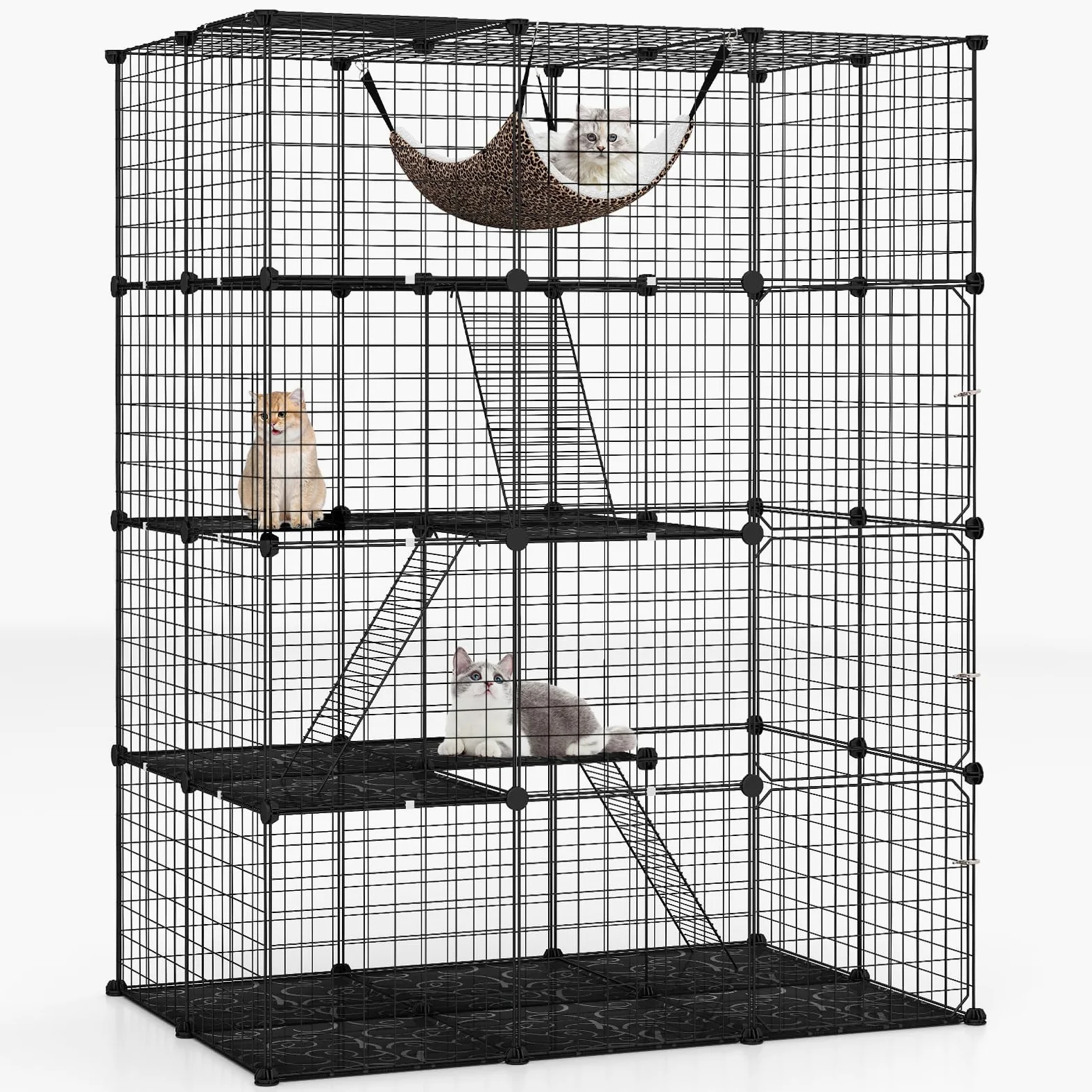 GYMAX Casa Gabbia per Gatti a più Livelli, in Metallo, Recinto per Gatti con Amaca Rimovibile, Porta, Scale, Parco in Metallo per Animali Domestici per Conigli e Cuccioli (109,5 x 74 x 142 cm)
