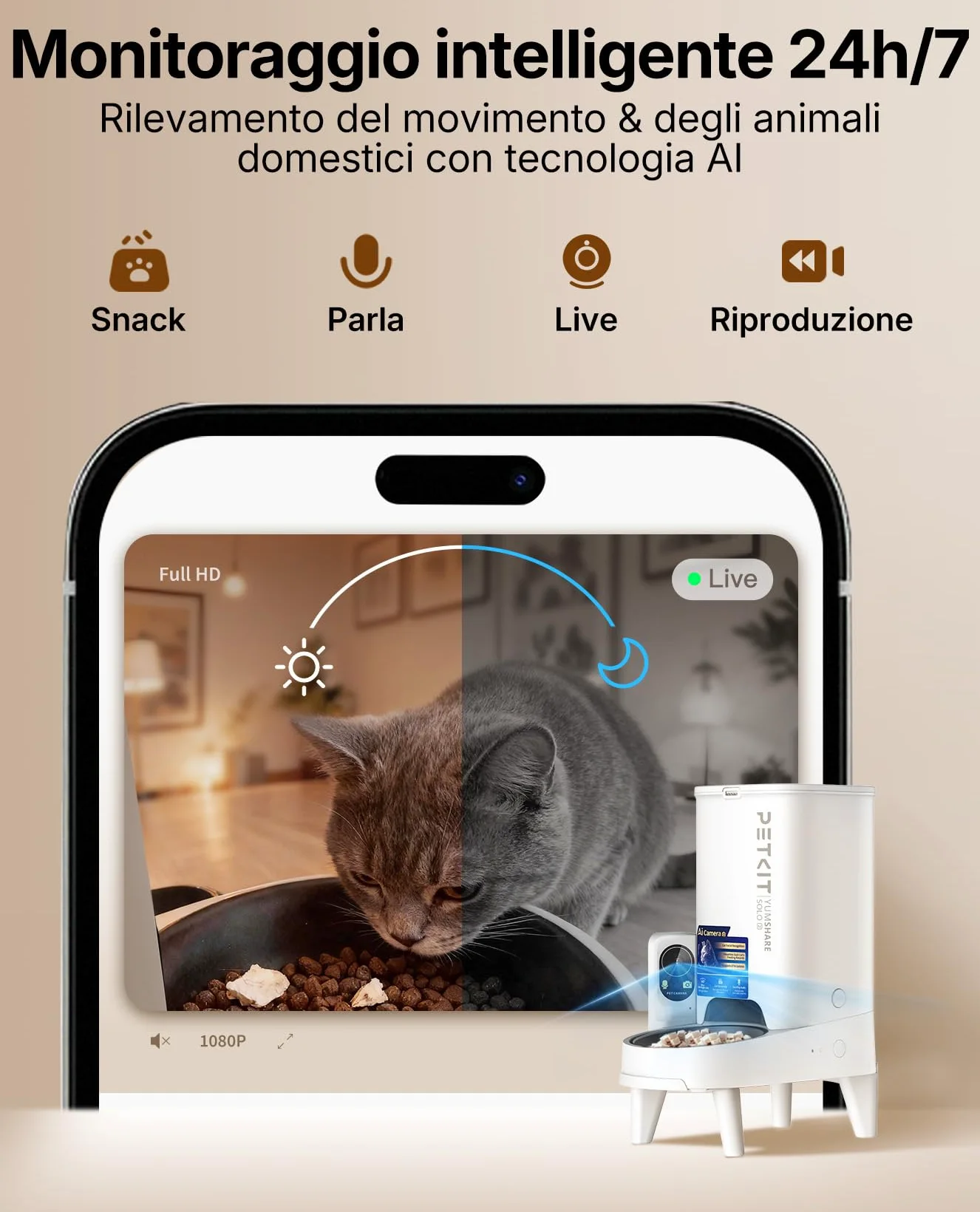 PETKIT YumShare Solo 2 Distributore Automatico di Cibo per Gatti con Telecamera HD 1080p, Riconoscimento Multiplo Gatti, Funzioni AI, Wi-Fi 2.4/5 GHz, Capacità 3L, Ciotola in Acciaio Inossidabile