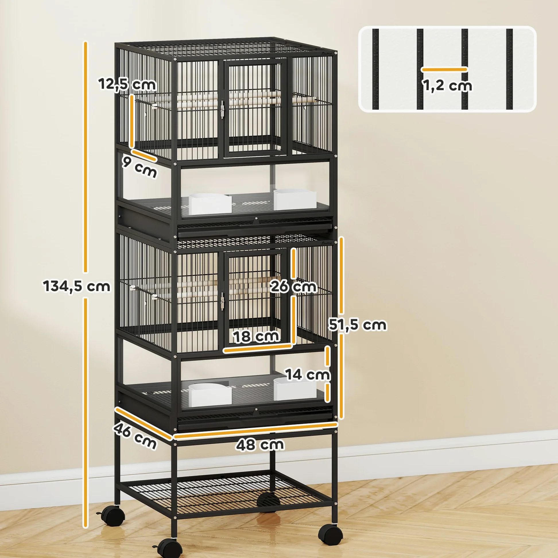 Pawhut Gabbia per uccelli grande gabbia a 2 livelli con ruote pannelli acrilici mangiatoie appendiabiti scaffale vassoi estraibili voliera per pappagalli Canarini 48 x 46 x 134,5 cm nero