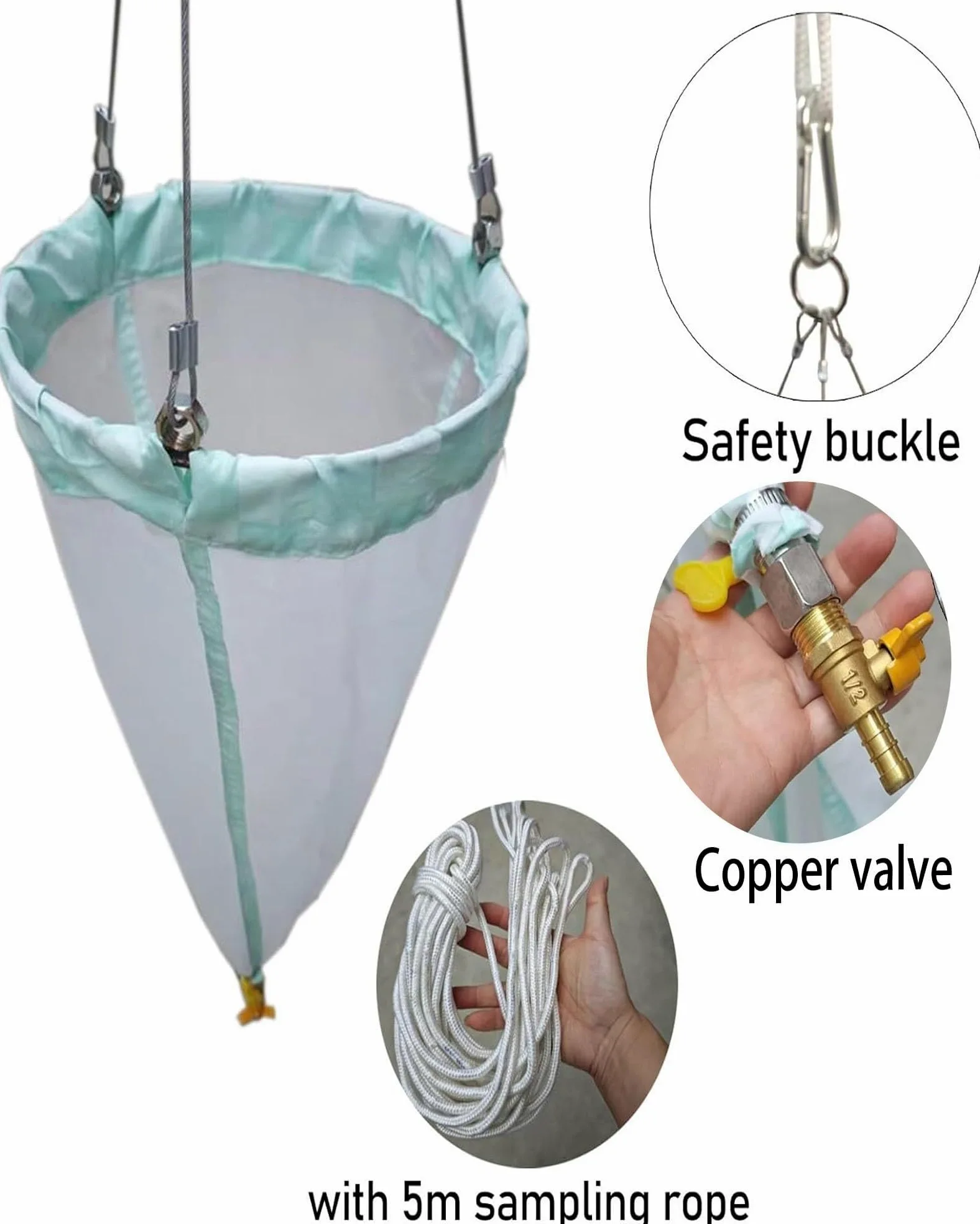 Rete for plancton a 200 maglie - 23,62 pollici di lunghezza, 11,81 pollici di diametro, apertura di 64 μm, nylon sperimentale ispessito, rete for plancton a maglia fine da 25 libbre con corda di campi