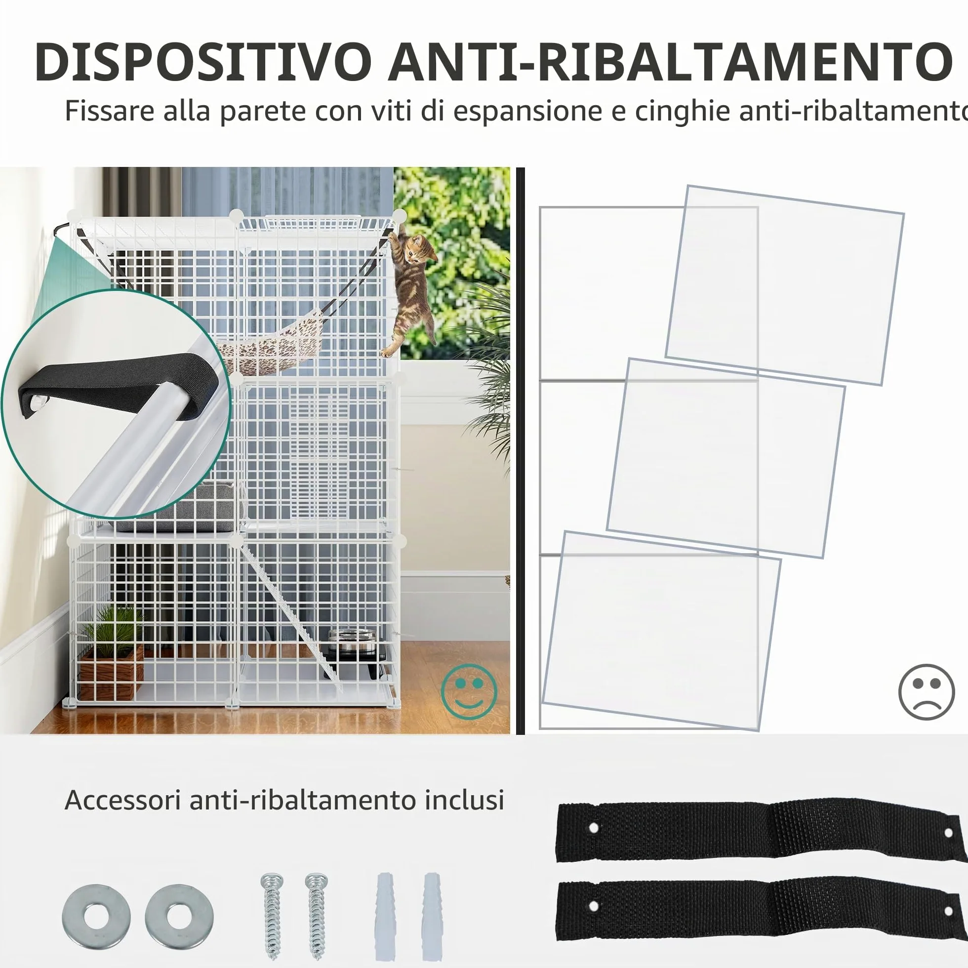 YITAHOME Recinto per Gatti a 3 Livelli Con 3 Porte, 2 Scale, Box in Metallo Con Amaca, Catio a Filo Denso Rimovibile per 1-2 Gatti, Bianco, 72x72x104 cm