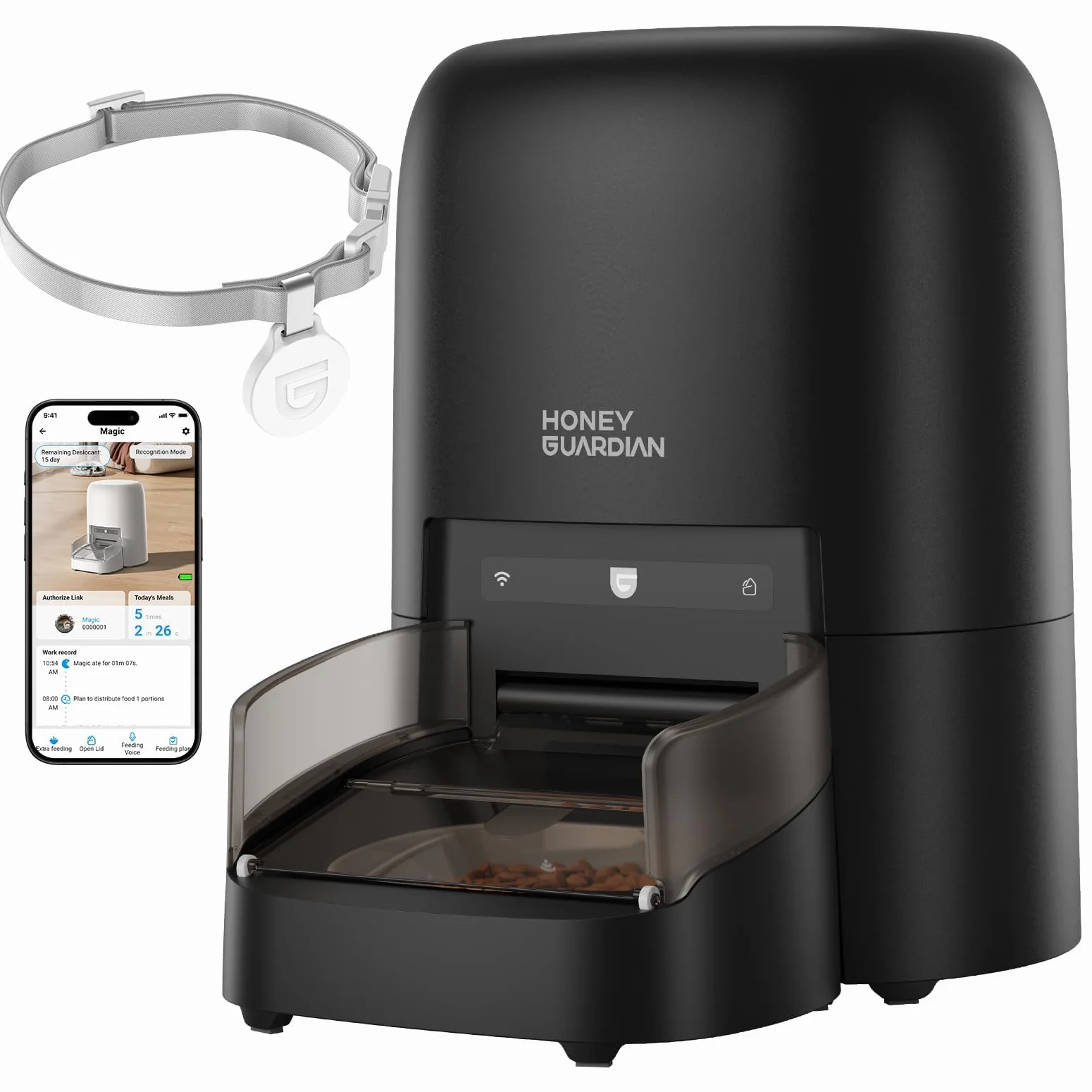 HoneyGuaridan 4.6L RFID Dispenser Crocchette Gatto con WiFi 5G e Antifurto | Distributore Automatico Cibo Gatti con Collare, Nutrizione su Misura, Monitoraggio Dietetico, Antifurto, Ciotola in Ceramica