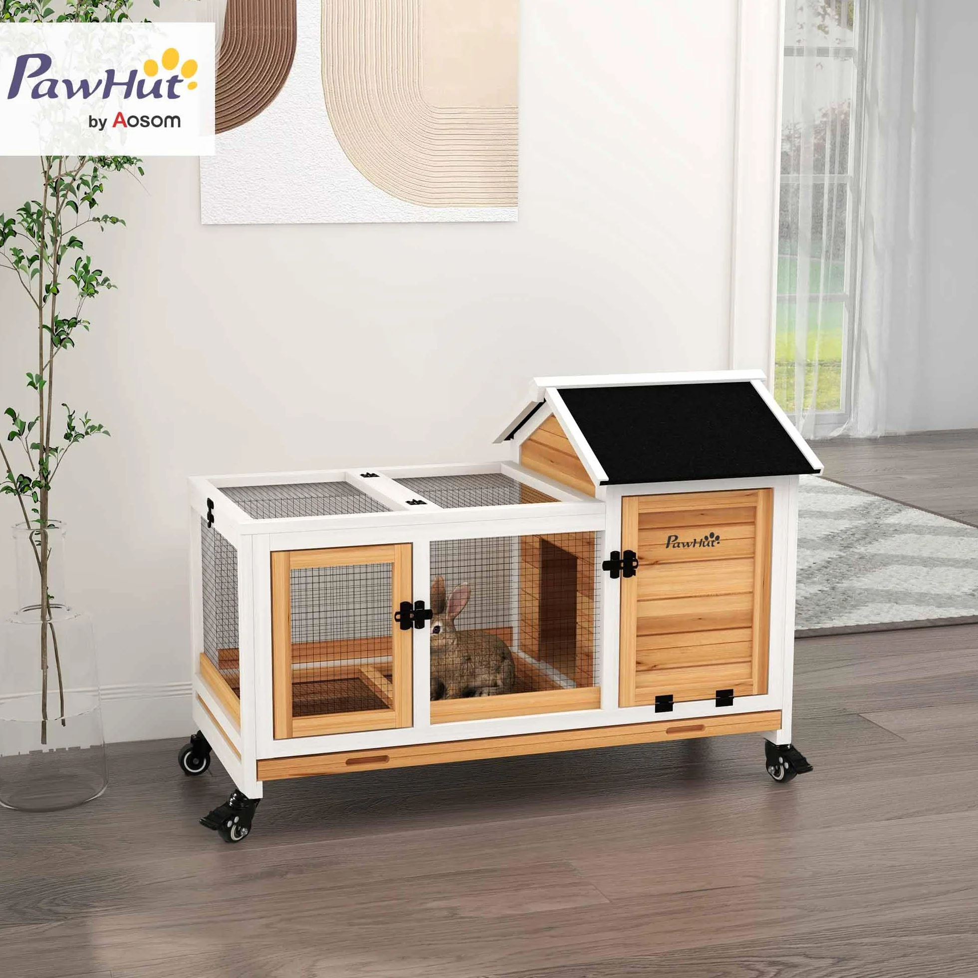 PawHut conigliera nana in legno, 108 x 58 x 73,5 cm Conigliera per piccoli animali con recinto per animali liberi, ruote, tetto incernierato, gabbia per conigli nani con vassoio estraibile per