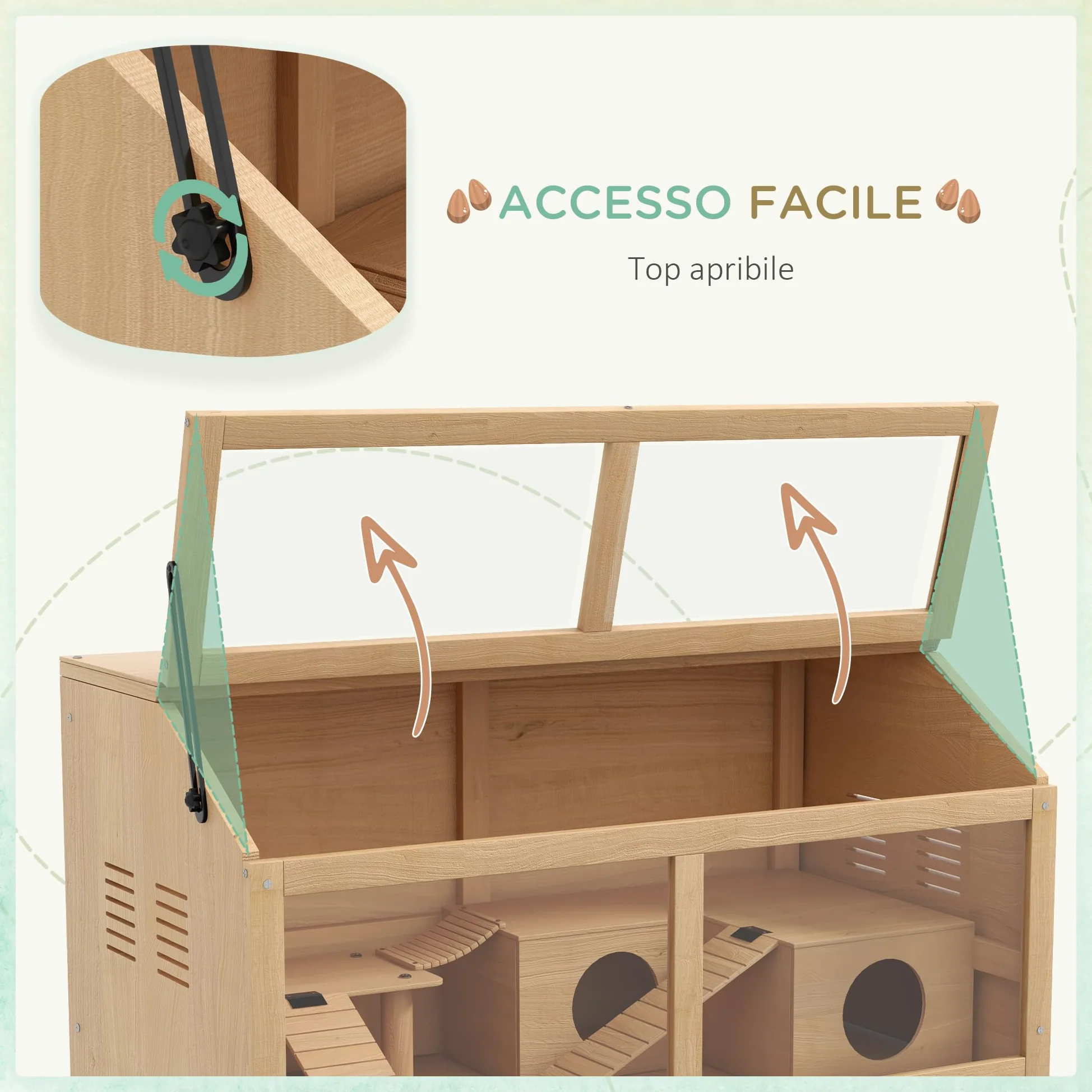 PawHut Gabbia per Criceti Apribile con Piattaforma, Scalette, Capanna e Ponte, Gabbia per Roditori in Legno di Abete, 85x45x44 cm, color Legno