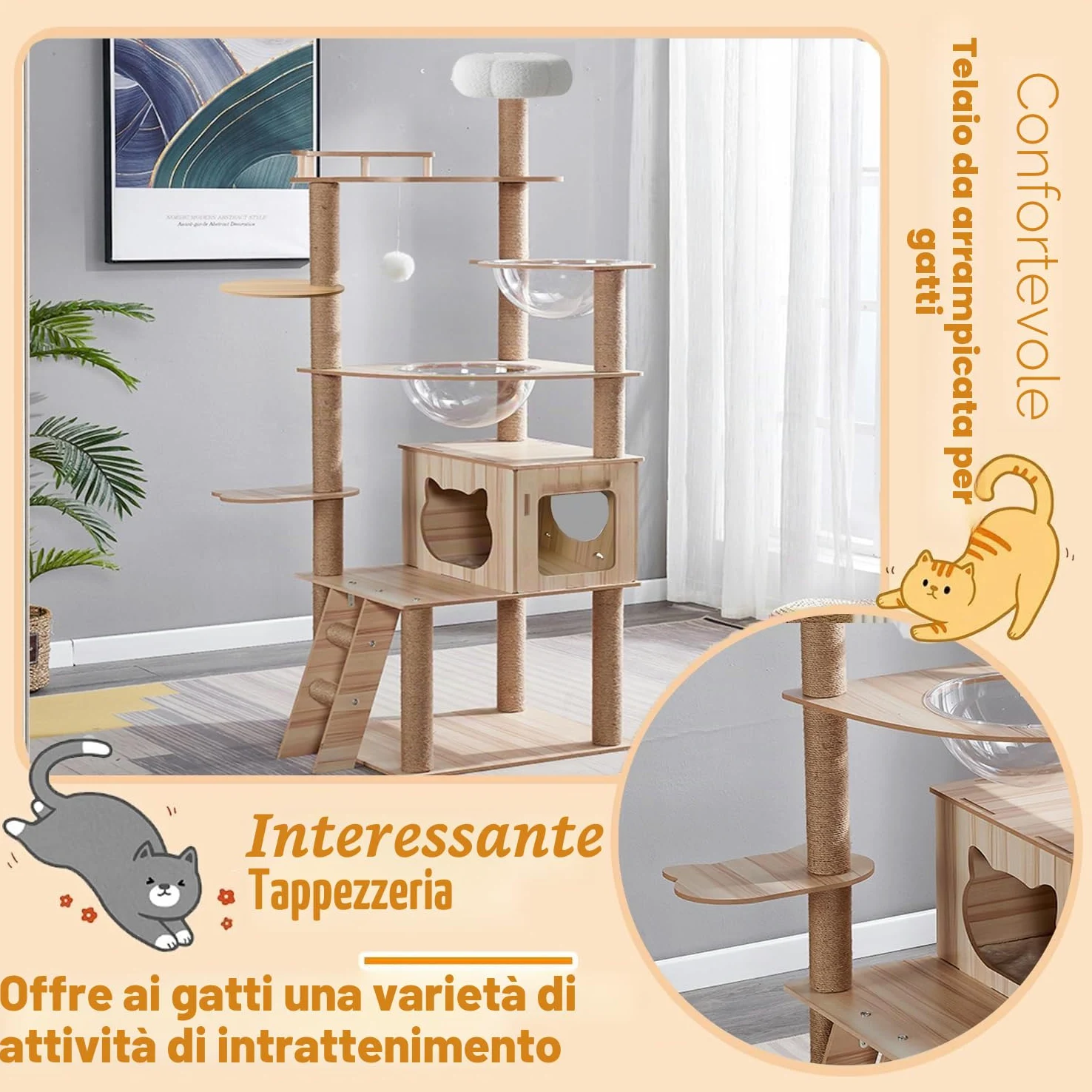 Albero per gatti da 170 cm, per interni, grande, adulto, torre con condominio, scale per gatti, 2 ciotole, 14 tiragraffi in sisal, posatoio superiore, con piattaforma imbottita, palline