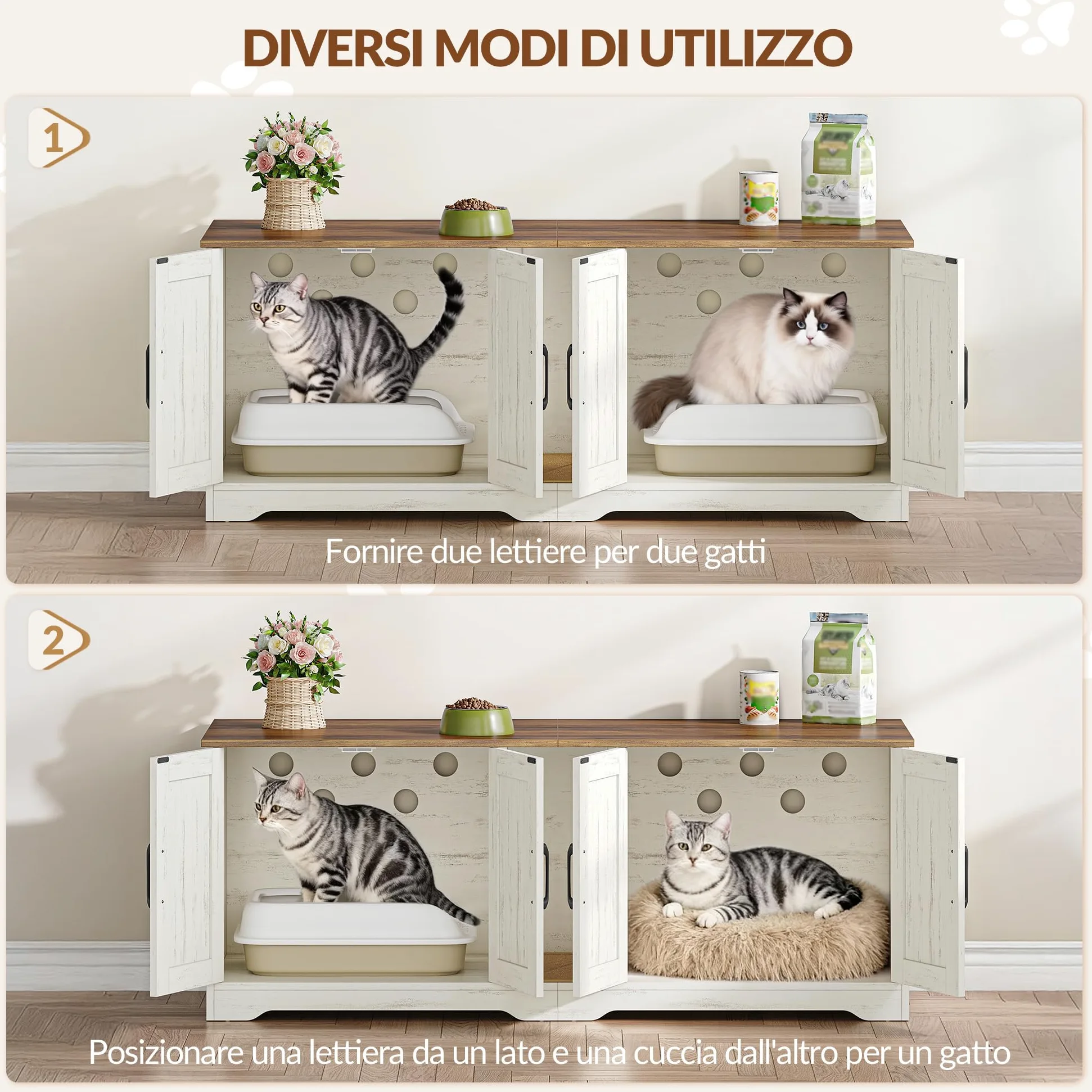 Mobile Lettiera per Gatti per 2 Gatti, Mobiletto per Lettiera Nascosta, Cuccia per Gatto da Interno, Legno Tavolino Laterale con Tappetino Graffiante, 140 x 50 x 55 cm, Marrone e Bianco