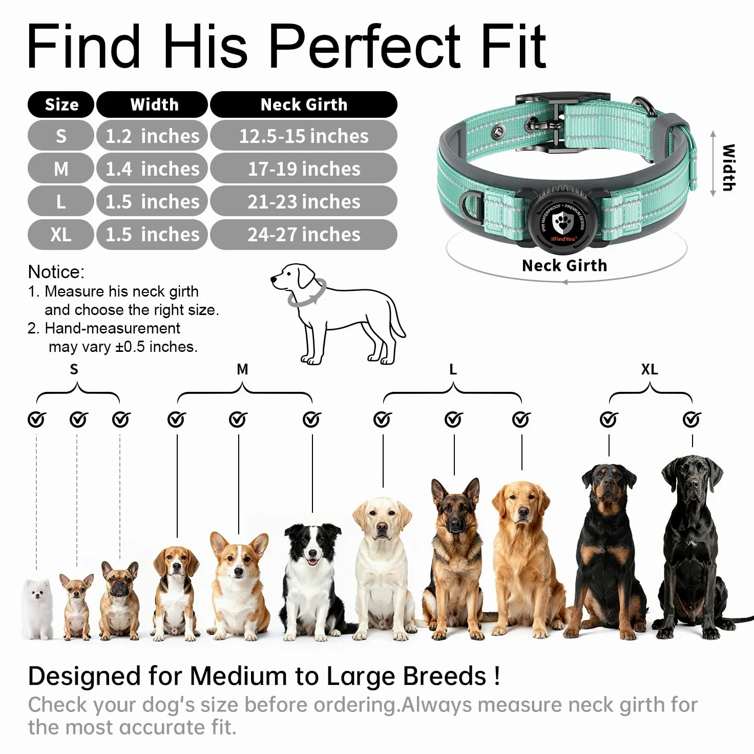 Collare per cani AirTag aggiornato con supporto, impermeabile e riflettente, collare per cani con imbottitura comoda allargata e fibbia in metallo ultra resistente, regolabile per cani di
