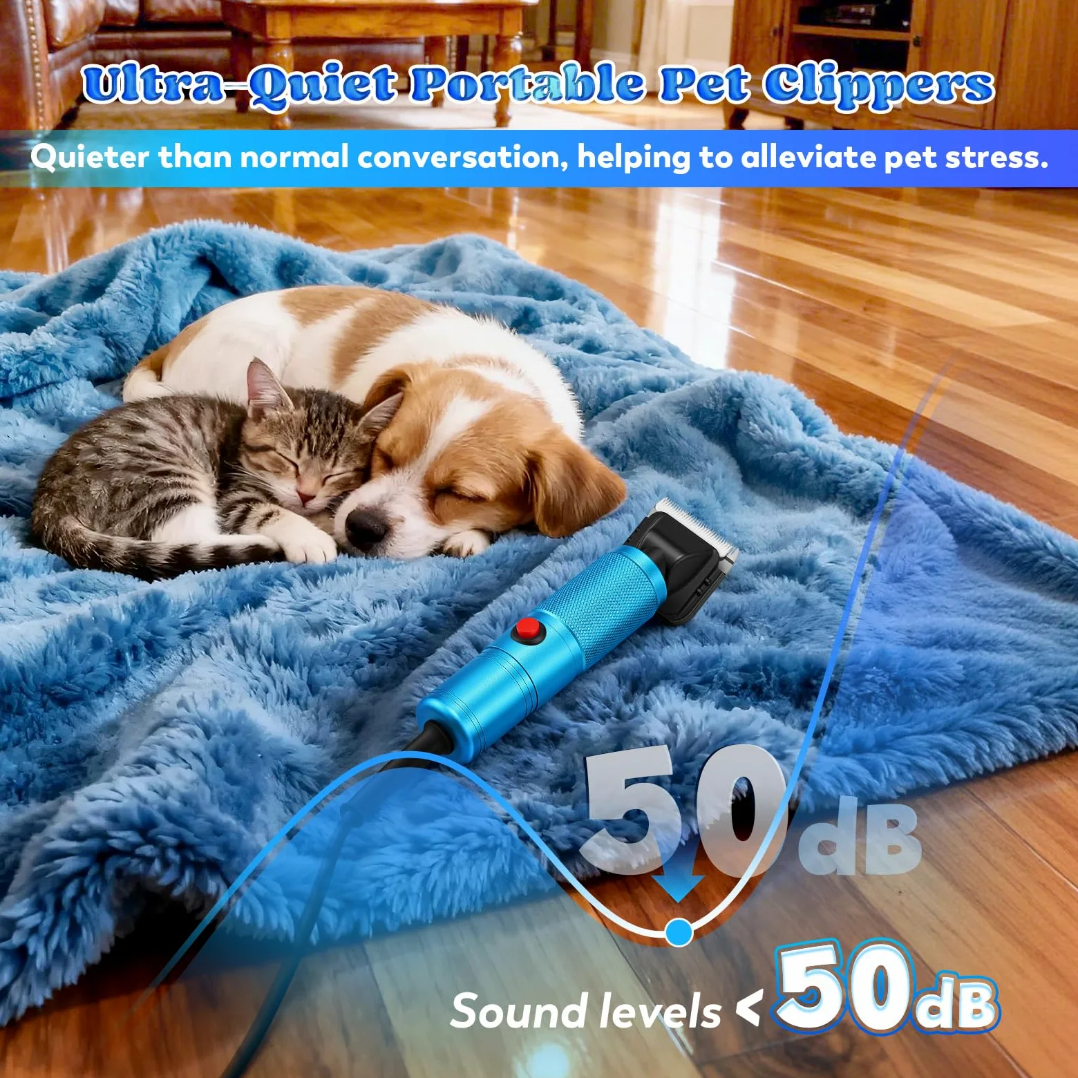 Moongiantgo Tosatrice per Cani Professionale da 300W, Controllo della Velocità 2000-6000RPM, Lame in Ceramica Rimovibili, Rasoio per Cani con 1 Lama Extra & 2 Pettini (Blu)