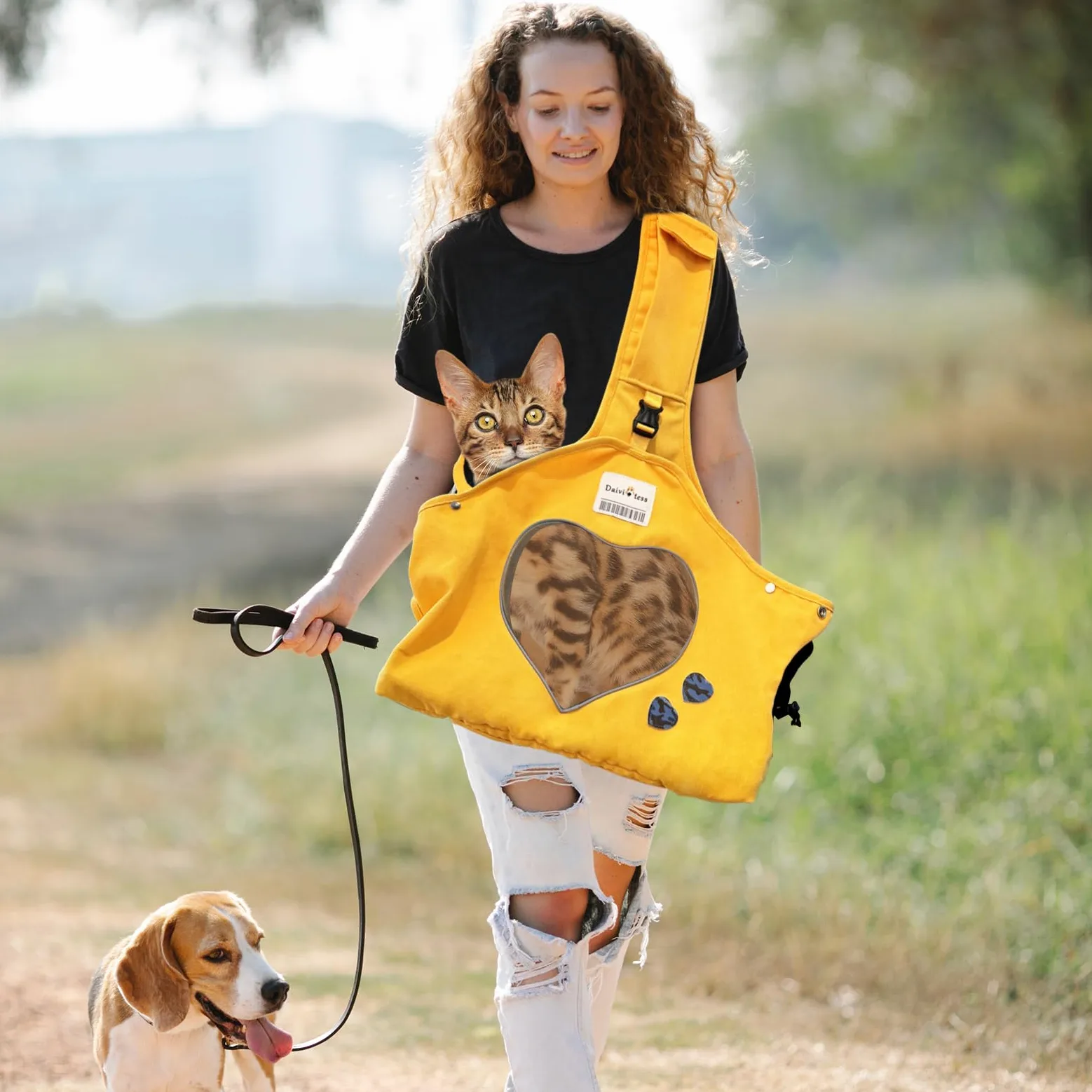 PETCUTE Borsa da trasporto per cani regolabile, tracolla ergonomica a mani libere per animali medi (10 kg max.) - Uso esterno/viaggio/metropolitana (giallo)