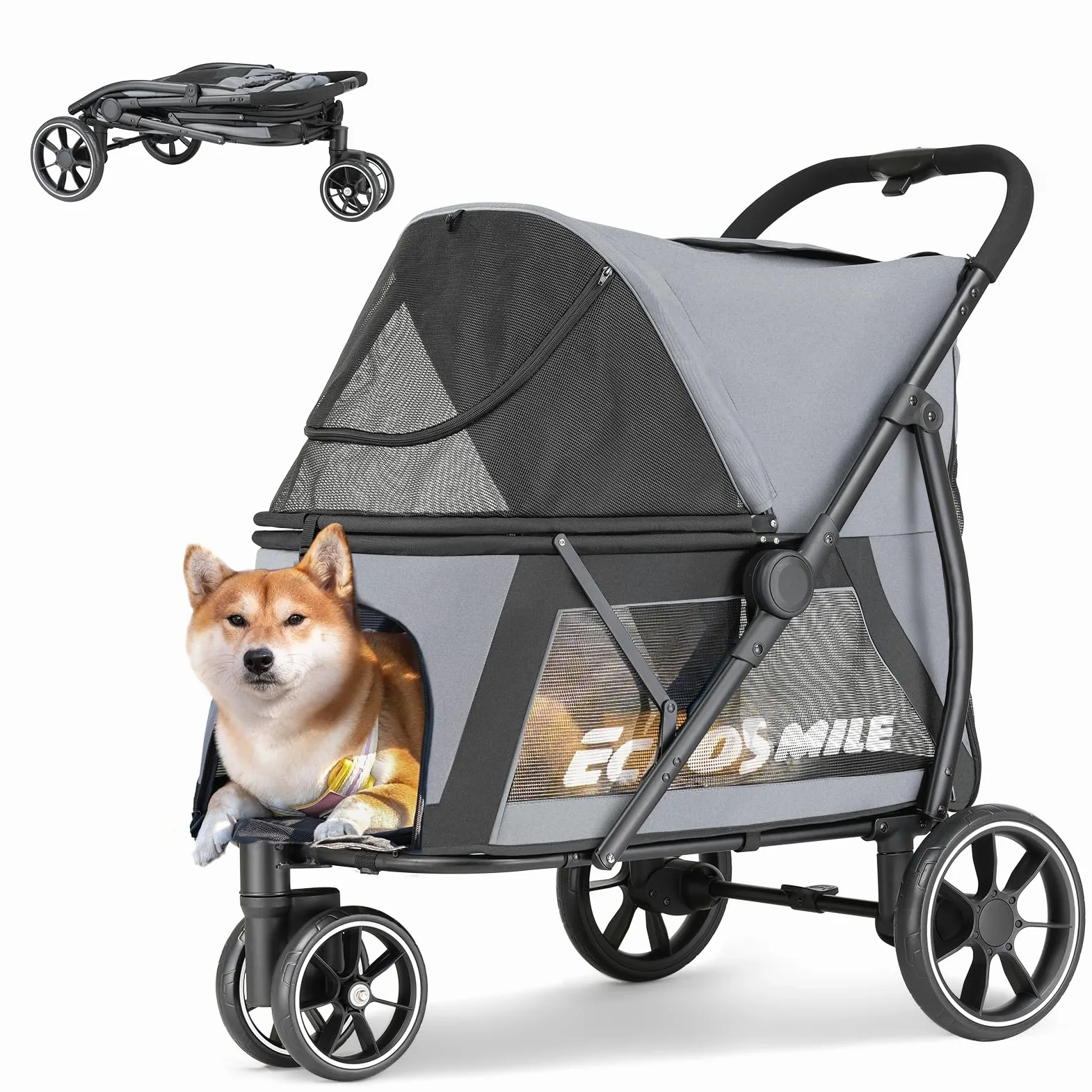 EchoSmile Pieghevole Passeggino per Cani Media e Grande fino a 40 kg | con Finestra a Rete, Manico Regolabile e 3 Ruote Fuoristrada