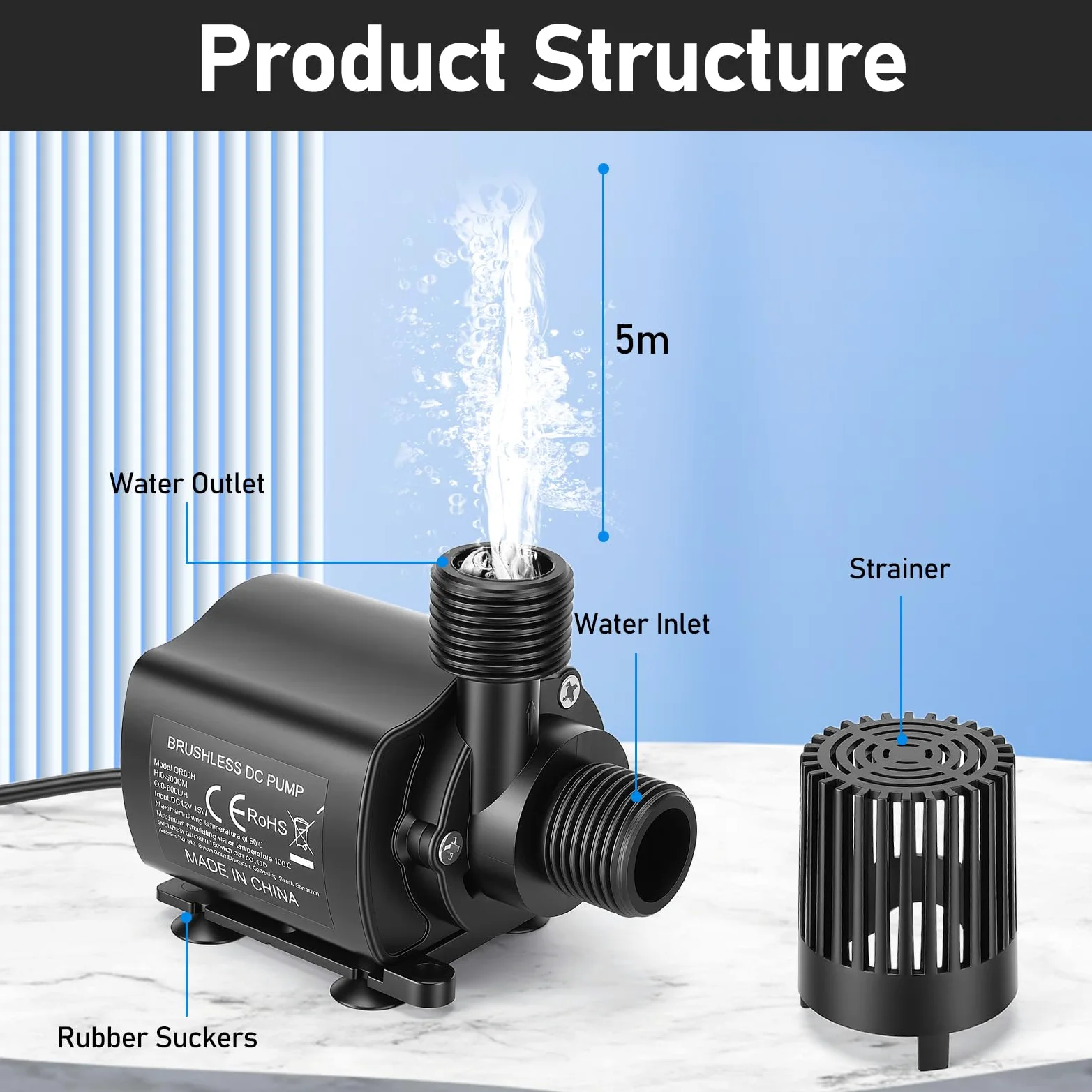 Pompa Acqua 12V, 800L/H Mini Pompa Sommersa con Controllo a 5 velocità, Configurazione Facile, altezza di mandata 5m, Portatile Pompe Immersione per Acquario Stagno Fontana idroponica