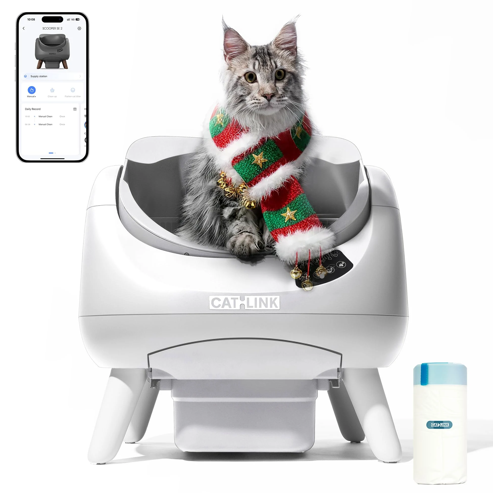 CATLINK Lettiera Autopulente per Gatti, Design Aperto con Ingresso dall'Alto, Wi-Fi 5 GHz, Capienza XL 12L, Compatibile con Tutti i Tipi di Sabbia, Ideale per Famiglie con Più Gatti(Bianco)