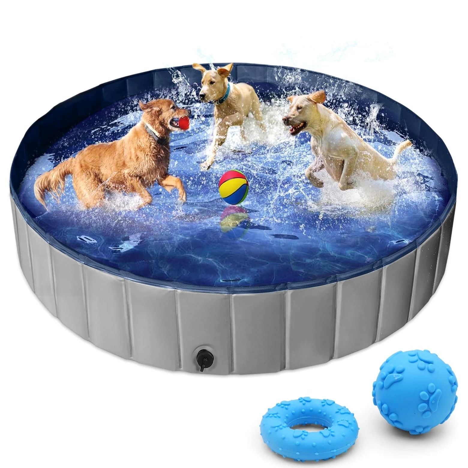 Piscina per cani extra large, 160 cm, resistente, pieghevole, per cani di grossa taglia, antiscivolo, con valvola di scarico e 2 giocattoli da masticare, piscina pieghevole per cani, per giardino