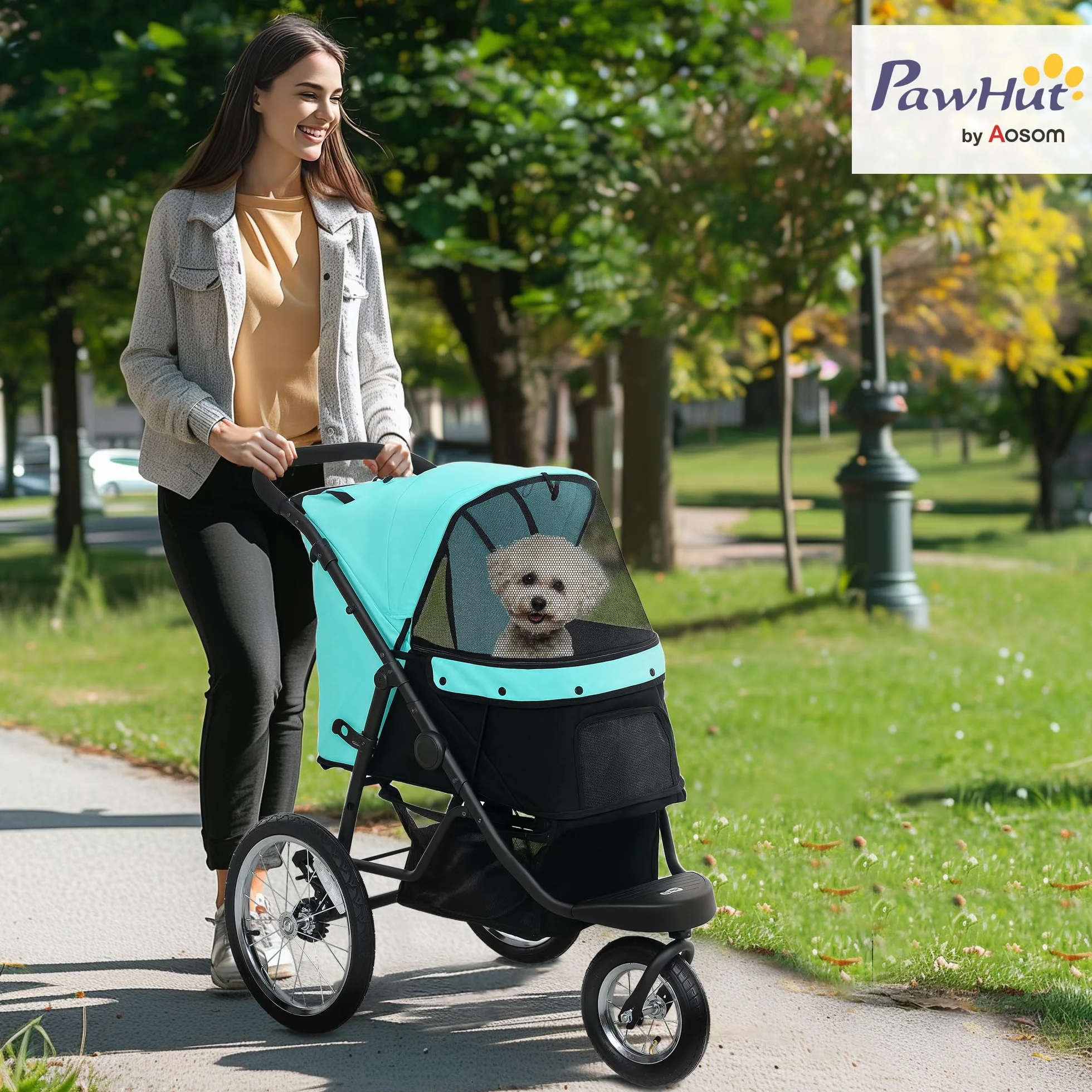 PawHut Passeggino pieghevole per cani e gatti fino a 10 kg, 3 ruote in gomma, cuscino a rete, cestino con guinzaglio di sicurezza, turchese