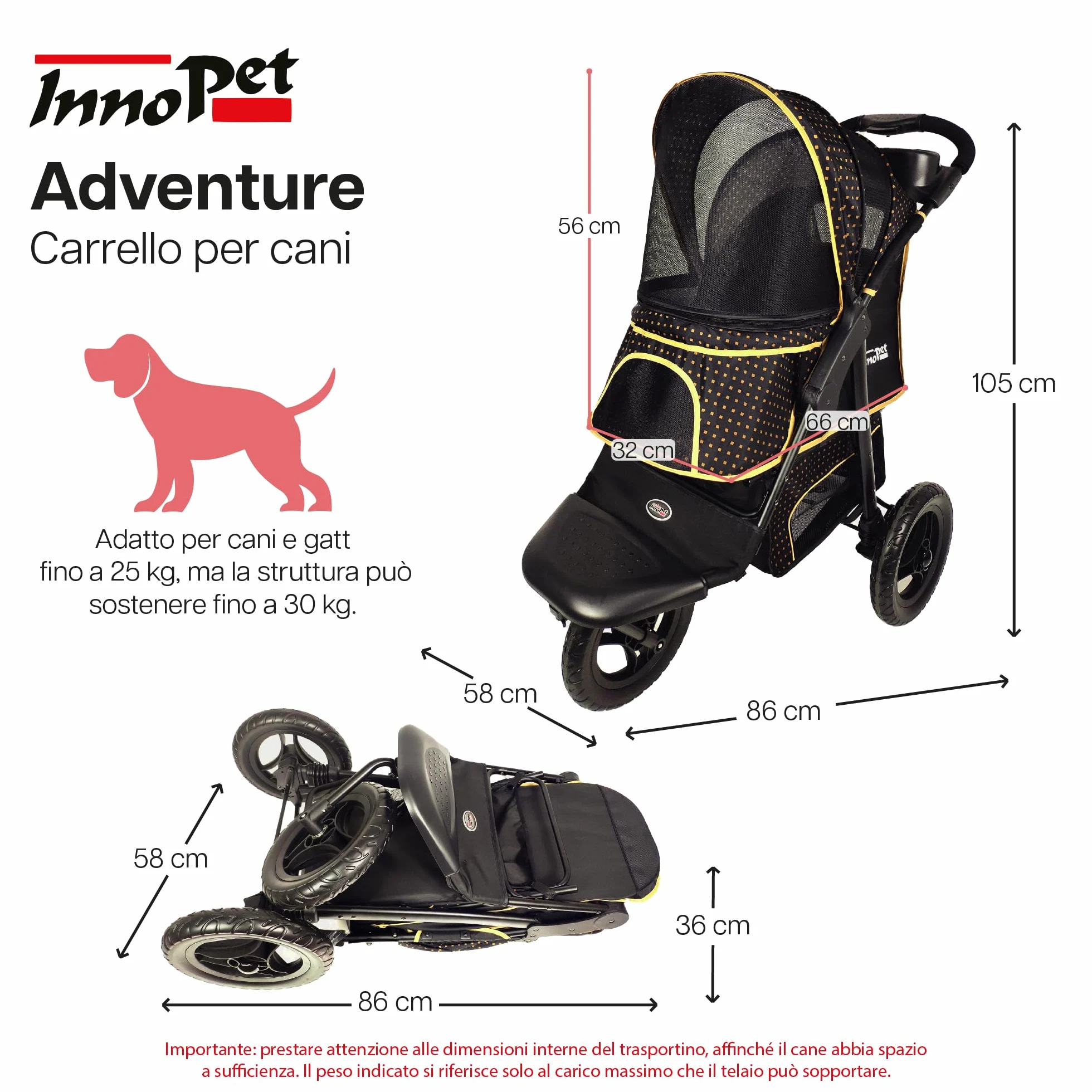 Passeggino Innopet Adventure per cani e gatti, nero/giallo - Passeggino fuoristrada Capacità 30 kg - Ruote antiforatura - Chiusura con una sola mano - Portabicchieri e ampio vano portaoggetti