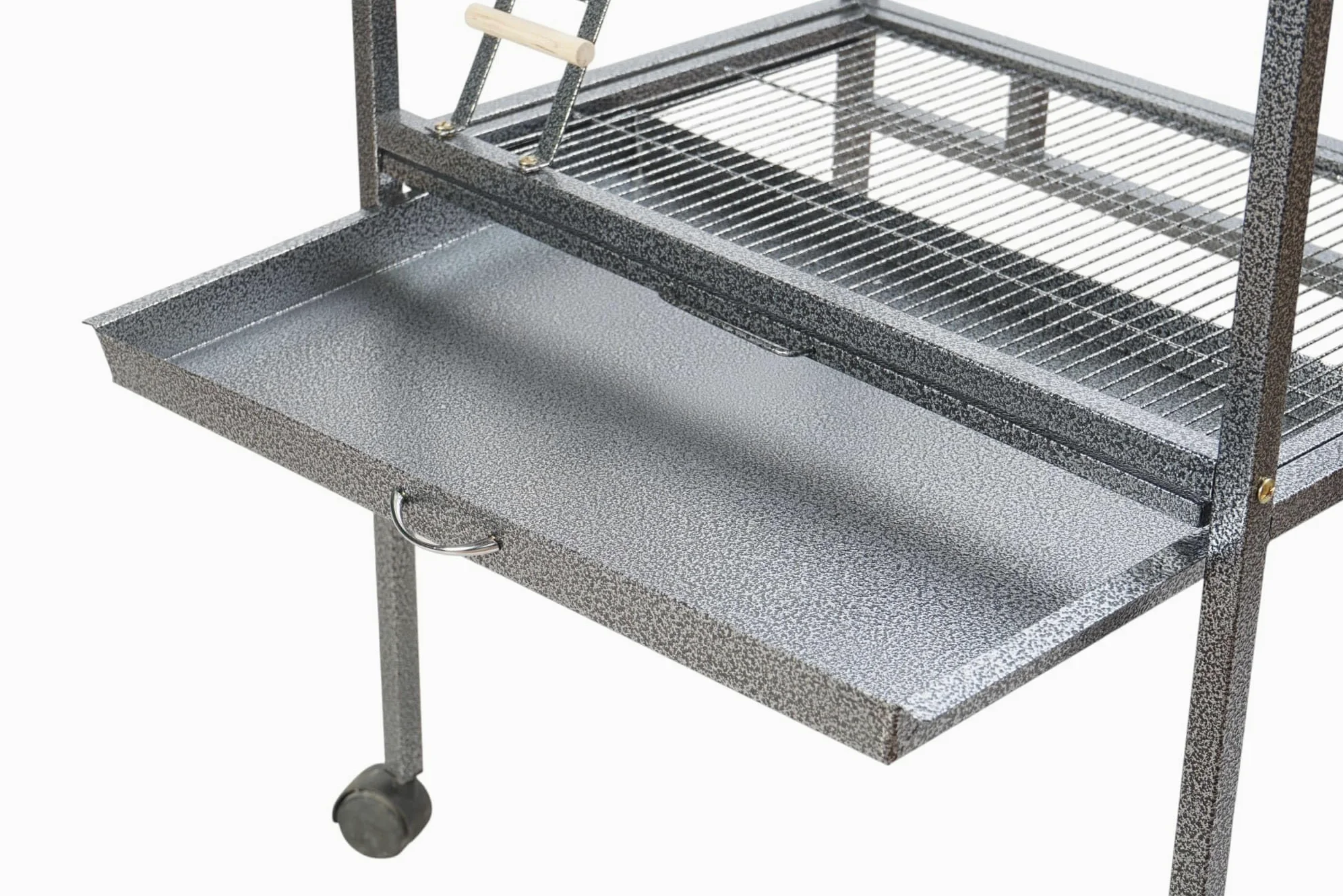 Pet's Solution - Trespolo per Pappagalli Grande e Stabile, Area Gioco con Scale, Posatoi, Mangiatoie in Acciaio, Griglia e Vassoio Estraibile, 4 Ruote, Color Nero Martellato – 64,5x44,5x154h cm