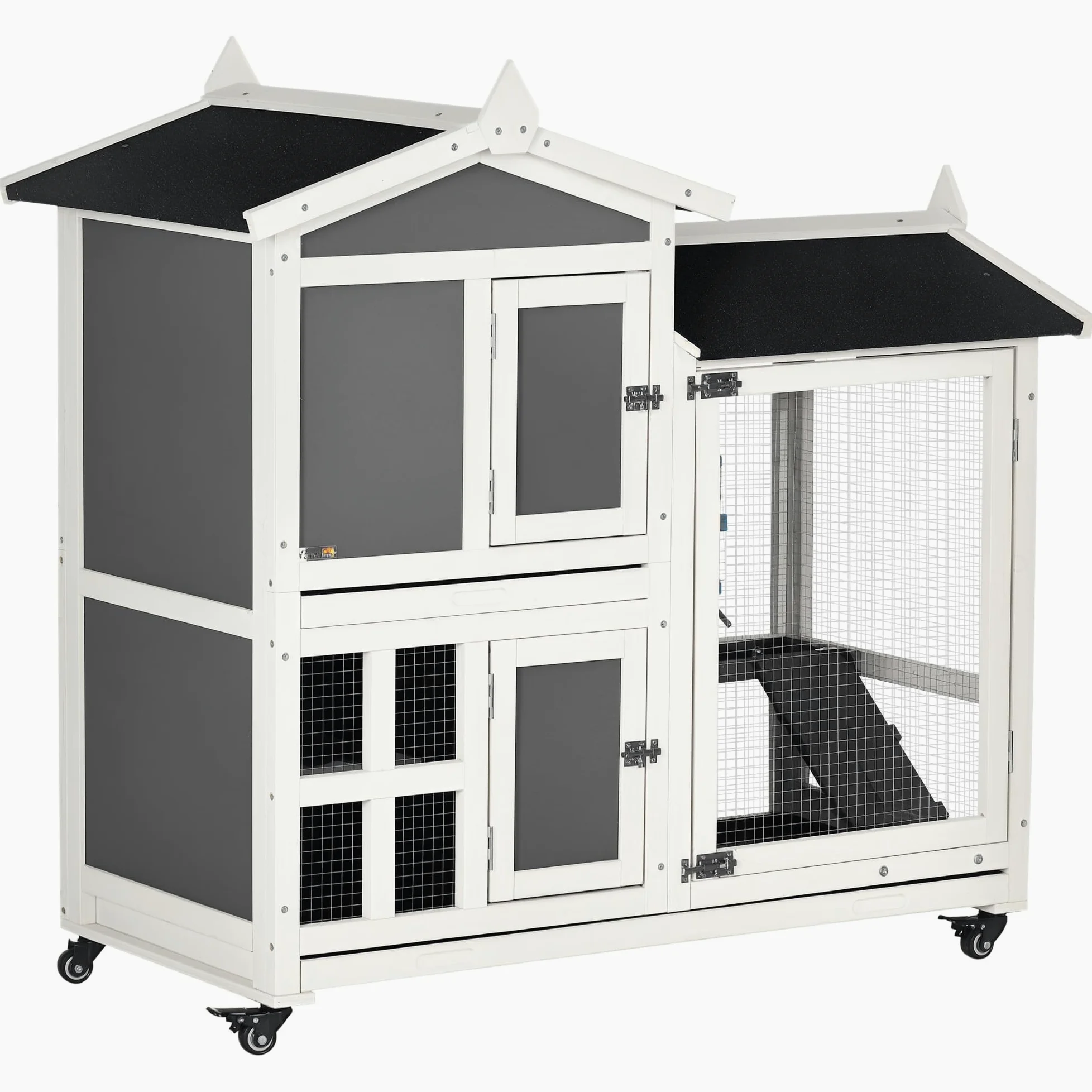 PawHut Conigliera da Esterno per 2 Conigli in Legno d'Abete e Tetto in Bitume con Vassoio Estraibile e Area di Corsa Condivisa, 110x60x104 cm, Grigia e Bianca