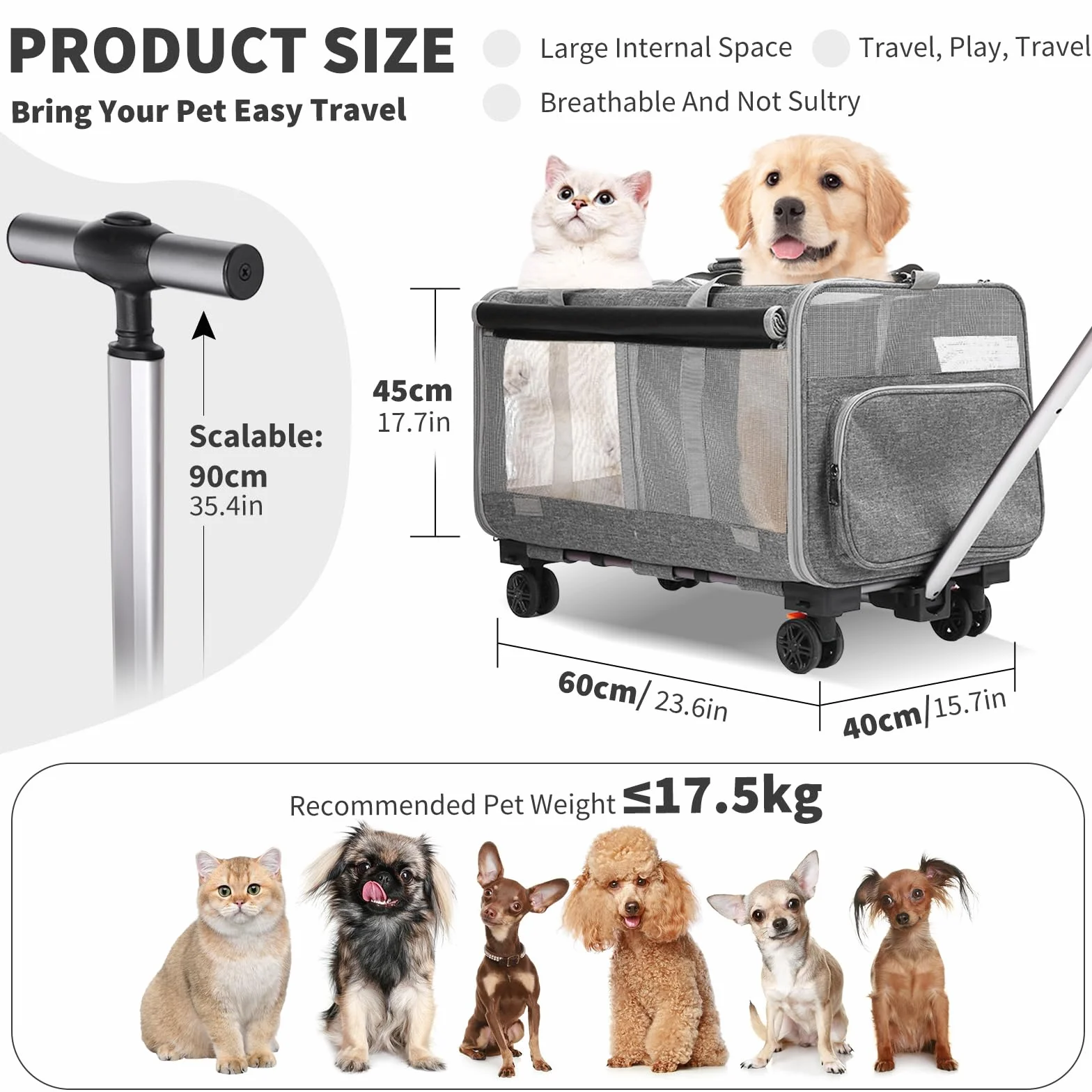 PETCUTE Trasportino Doppio Scomparto per Gatto/Cane con Ruote Staccabili,Pieghevole Trasportino per 2 Gatti/Piccoli Cani/Conigli, Traspirante Trasportino per Animali con Guinzaglio di Sicurezza,Nero