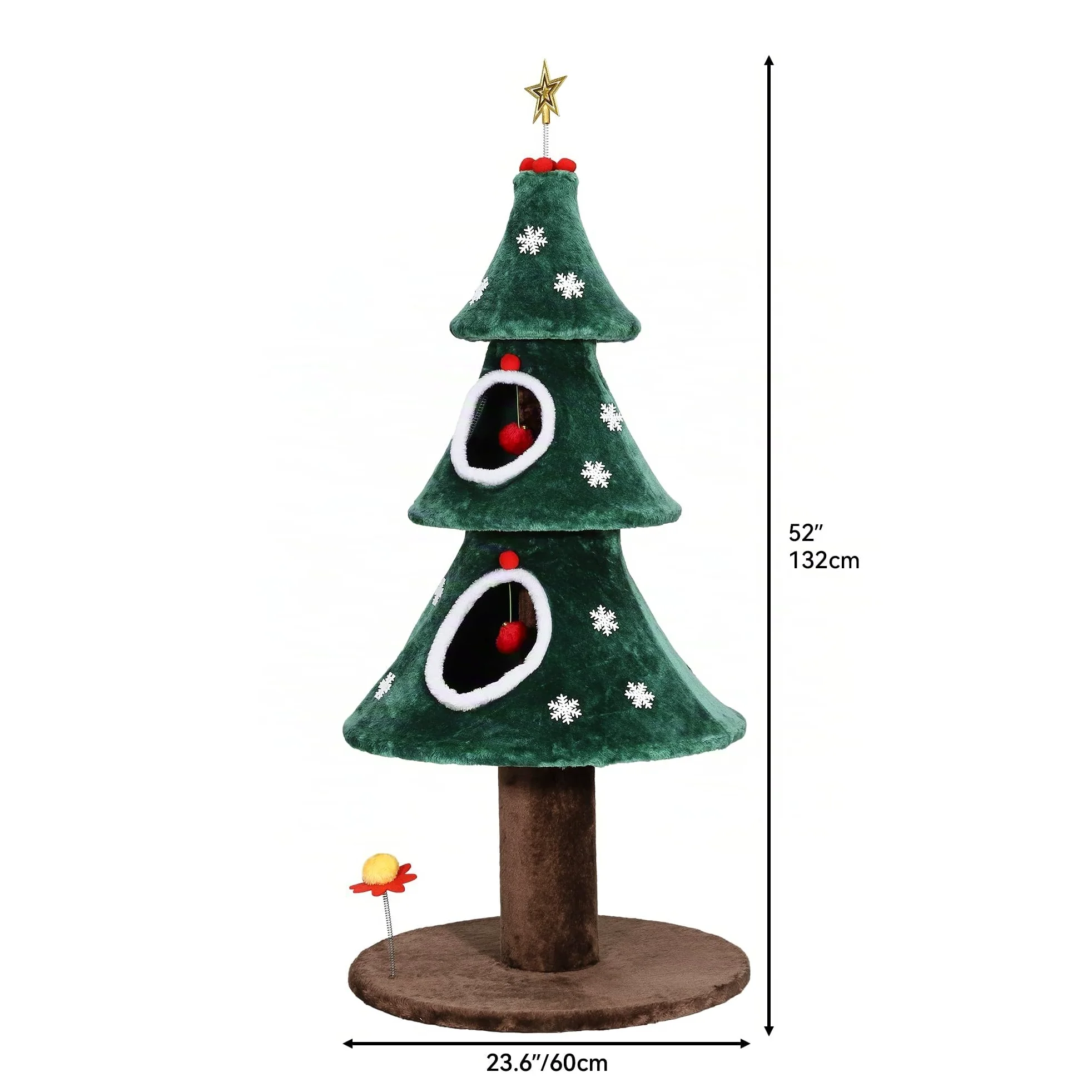 YITAHOME Albero di Natale grande con 2 ripiani, casa per gatti da 132 cm, colonne tiragraffi, centro attivo per gattini e decorazioni natalizie in verde