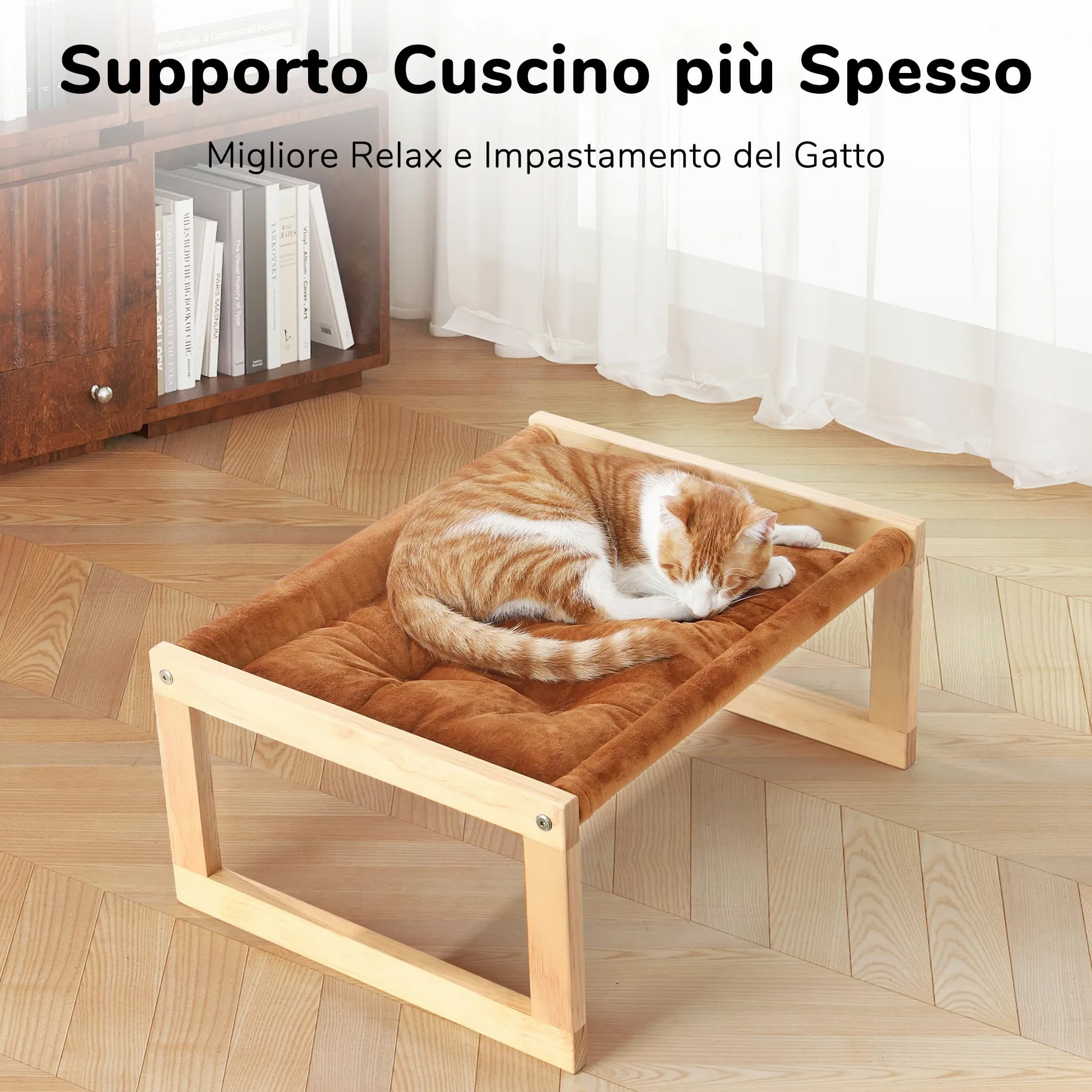 FUKUMARU Cuccia per gatti in velluto felpato per interni, amaca per gattini in legno, 53 x 41 cm, adatta per gatti, cani, conigli, conigli, gattini e piccoli animali, marrone