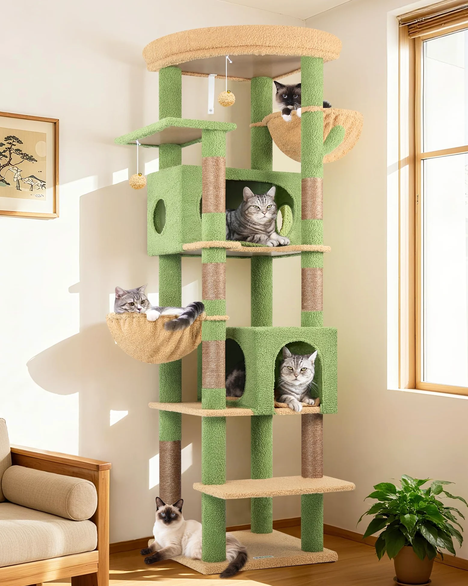Globlazer Tiragraffi XXL Verde Cactus Grandi 188 cm con 2 Grotta 50*30*30CM, 2 Cesto, Piattaforma Imbottiti, Stabile Albero Tiragraffi per Gatti Adulti Interno Peluche Facile da Pulire (S74, Verde)
