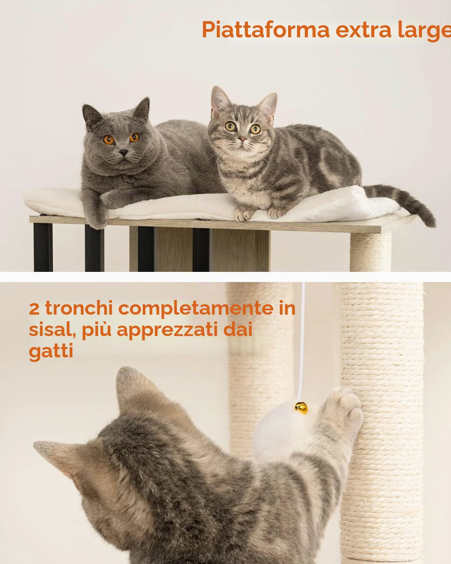 FourFurPets 3-Tier Modern Albero per Gatti Alto 111 cm, Tiragraffi per Gatti, con 2 Pali Graffiatoi in sisal, 3 Piattaforma Grande, Pompon, Greige