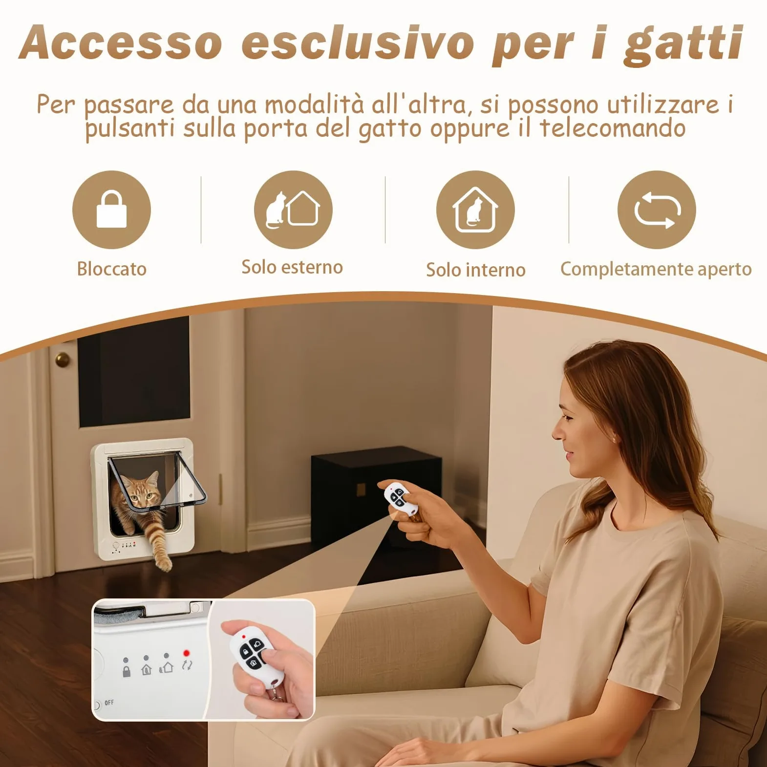 Gattaiola per Gatti Con Microchip, 3 Chiavi Con Sensore a Collare e 1 Telecomando, Porta per Gatti Con Chiusura a 4 Vie e Sensore a Collare RFID (Bianco)